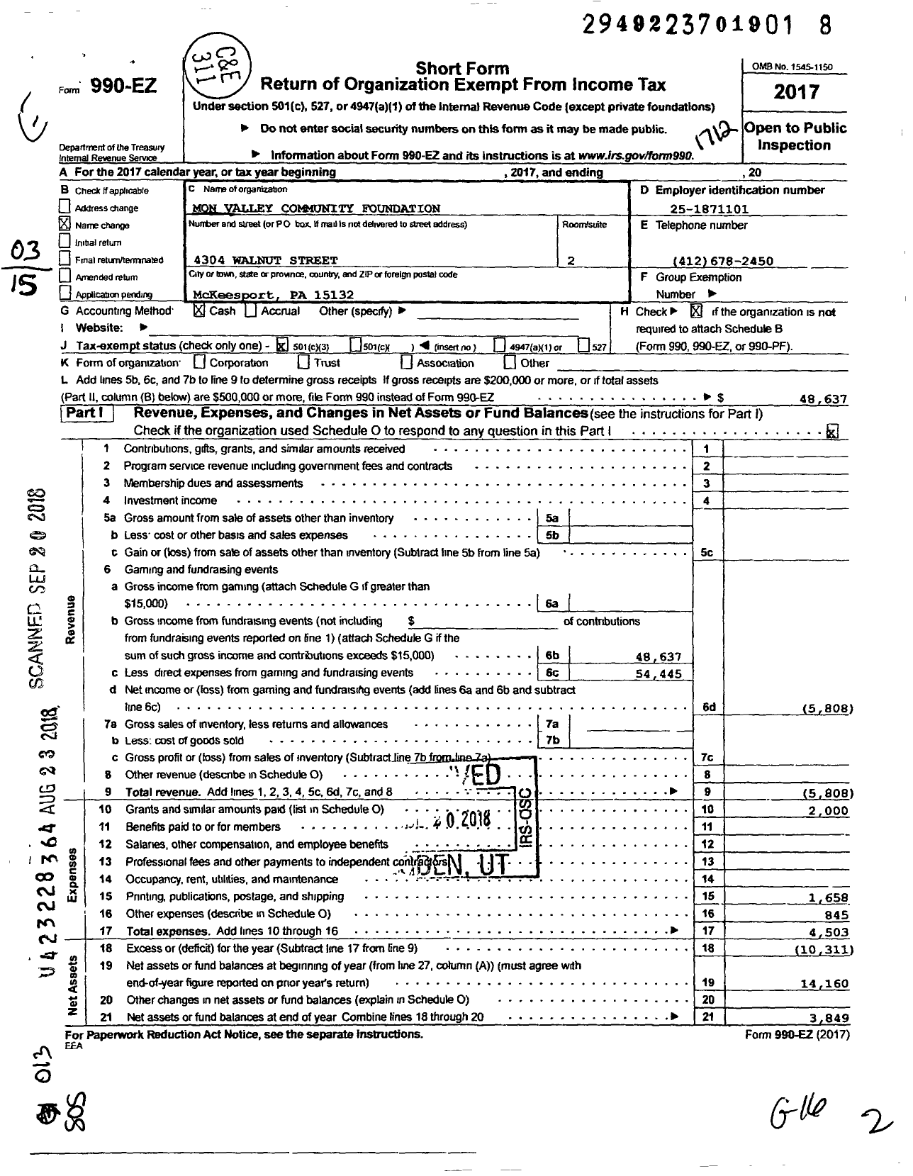 Image of first page of 2017 Form 990EZ for Mon Valley Community Foundation