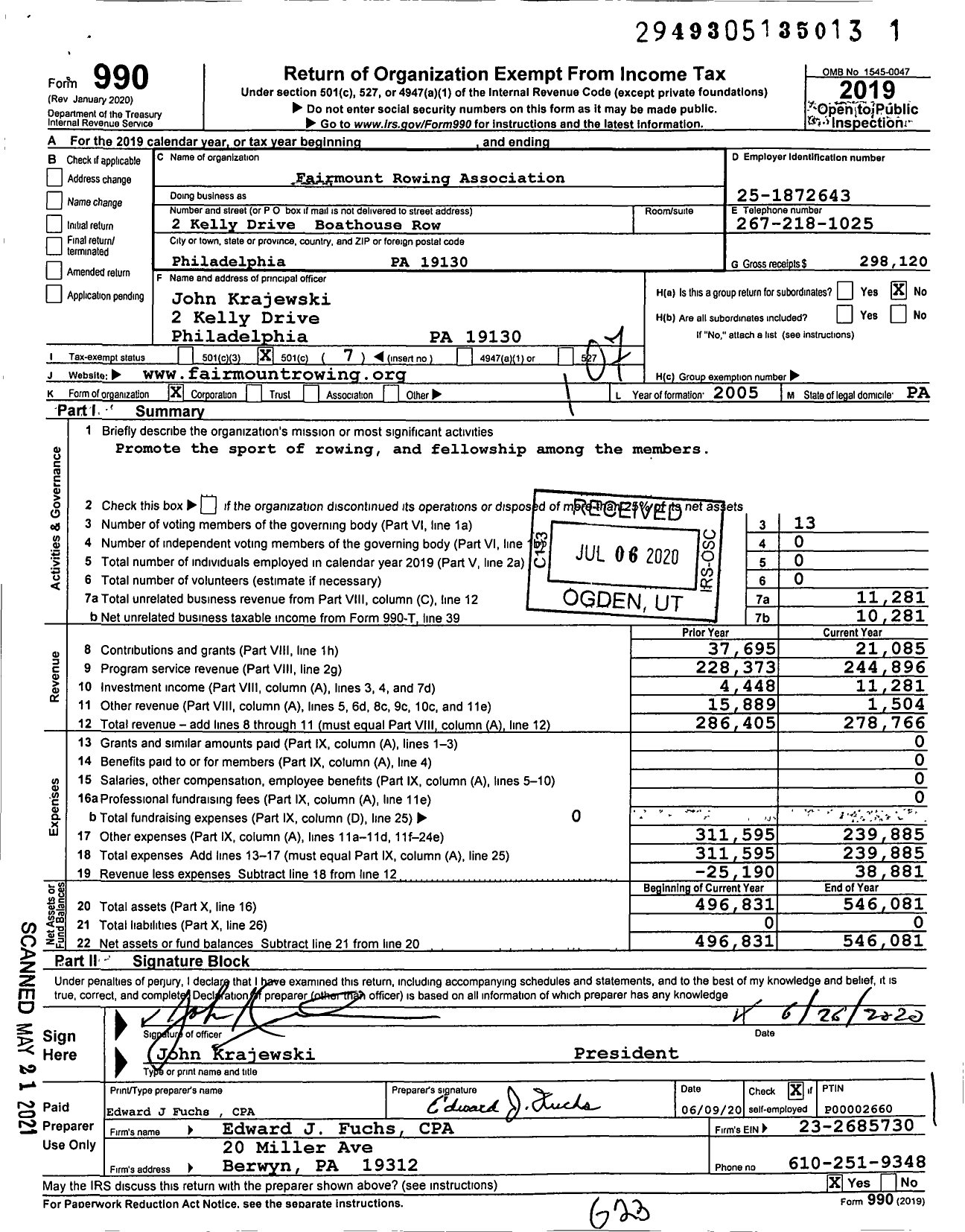 Image of first page of 2019 Form 990O for Fairmount Rowing Association