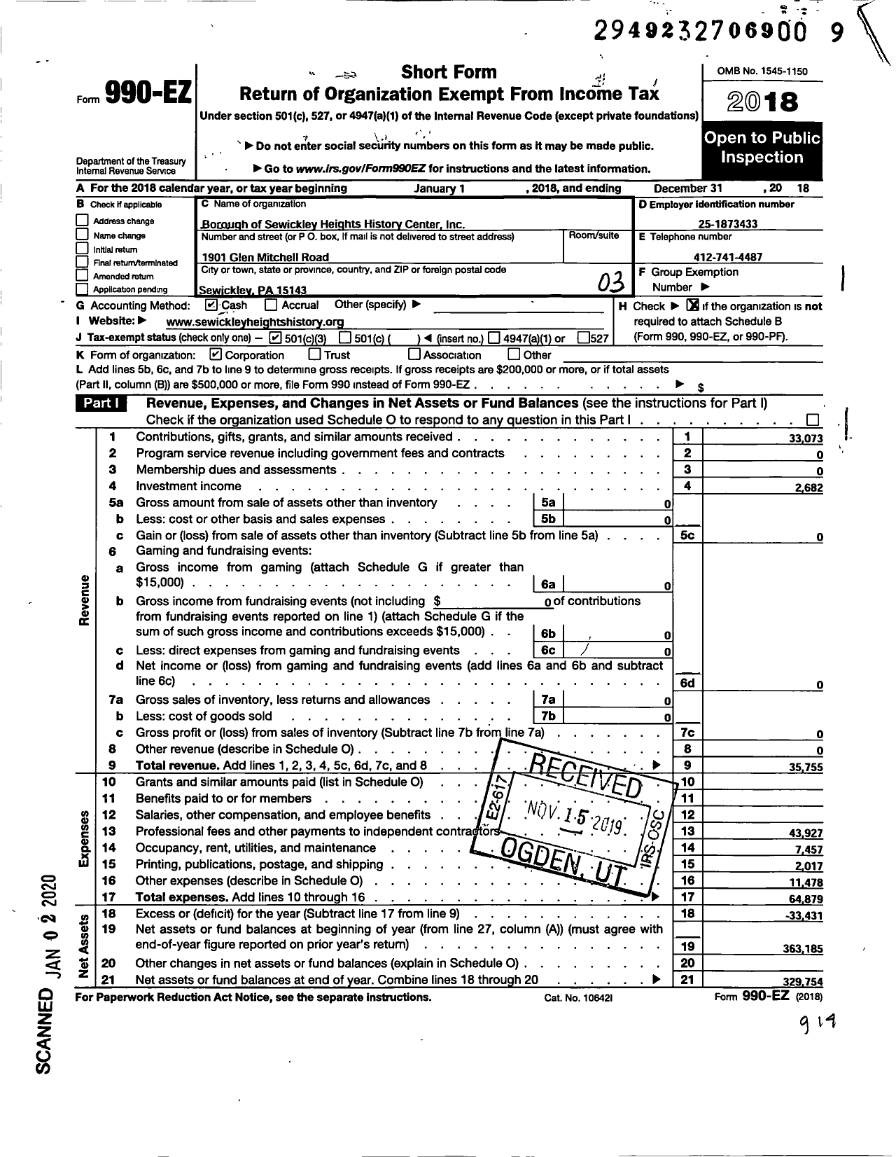 Image of first page of 2018 Form 990EZ for Borough of Sewickley Heights