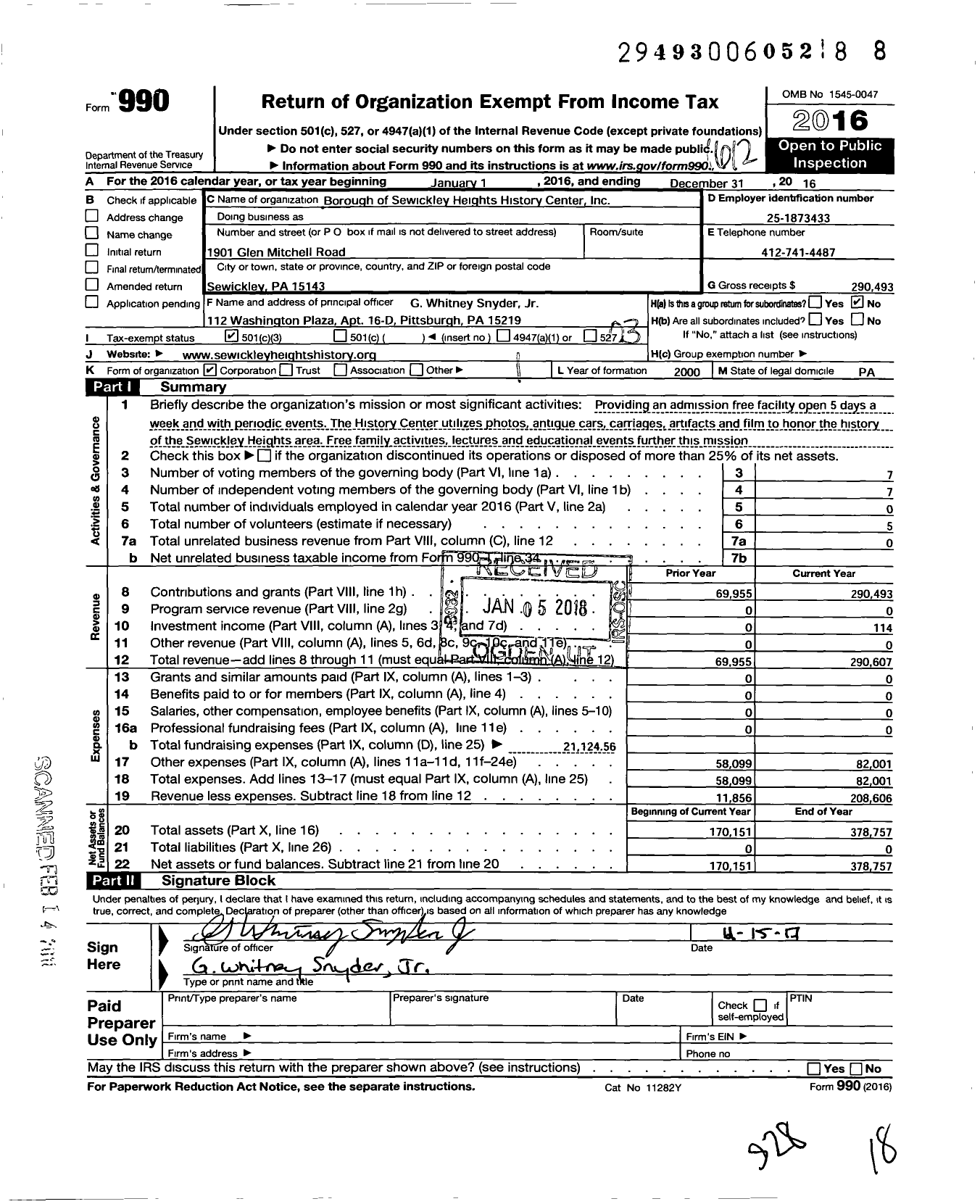 Image of first page of 2016 Form 990 for Borough of Sewickley Heights