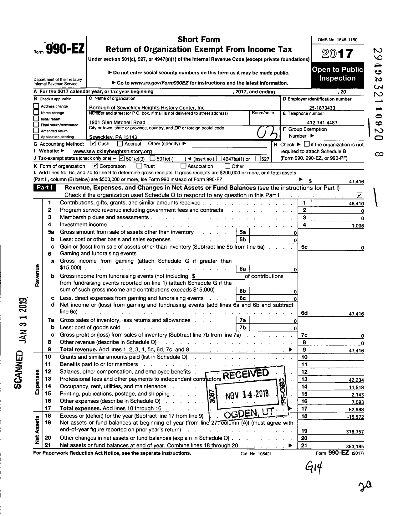 Image of first page of 2017 Form 990EZ for Borough of Sewickley Heights