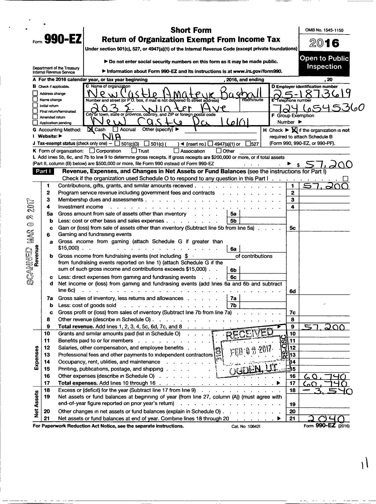 Image of first page of 2016 Form 990EO for New Castle Amatuer Baseball Association