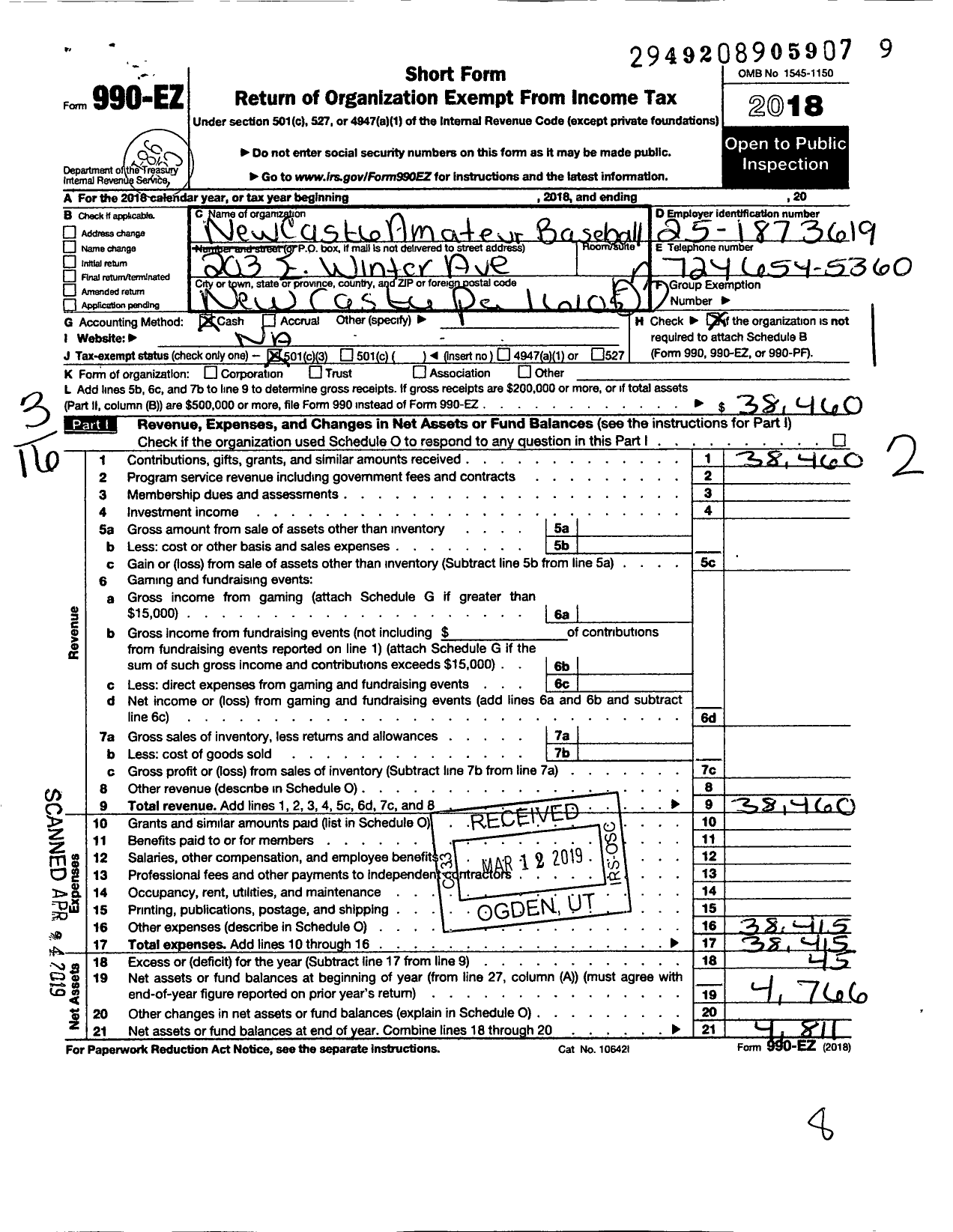 Image of first page of 2018 Form 990EZ for New Castle Amatuer Baseball Association