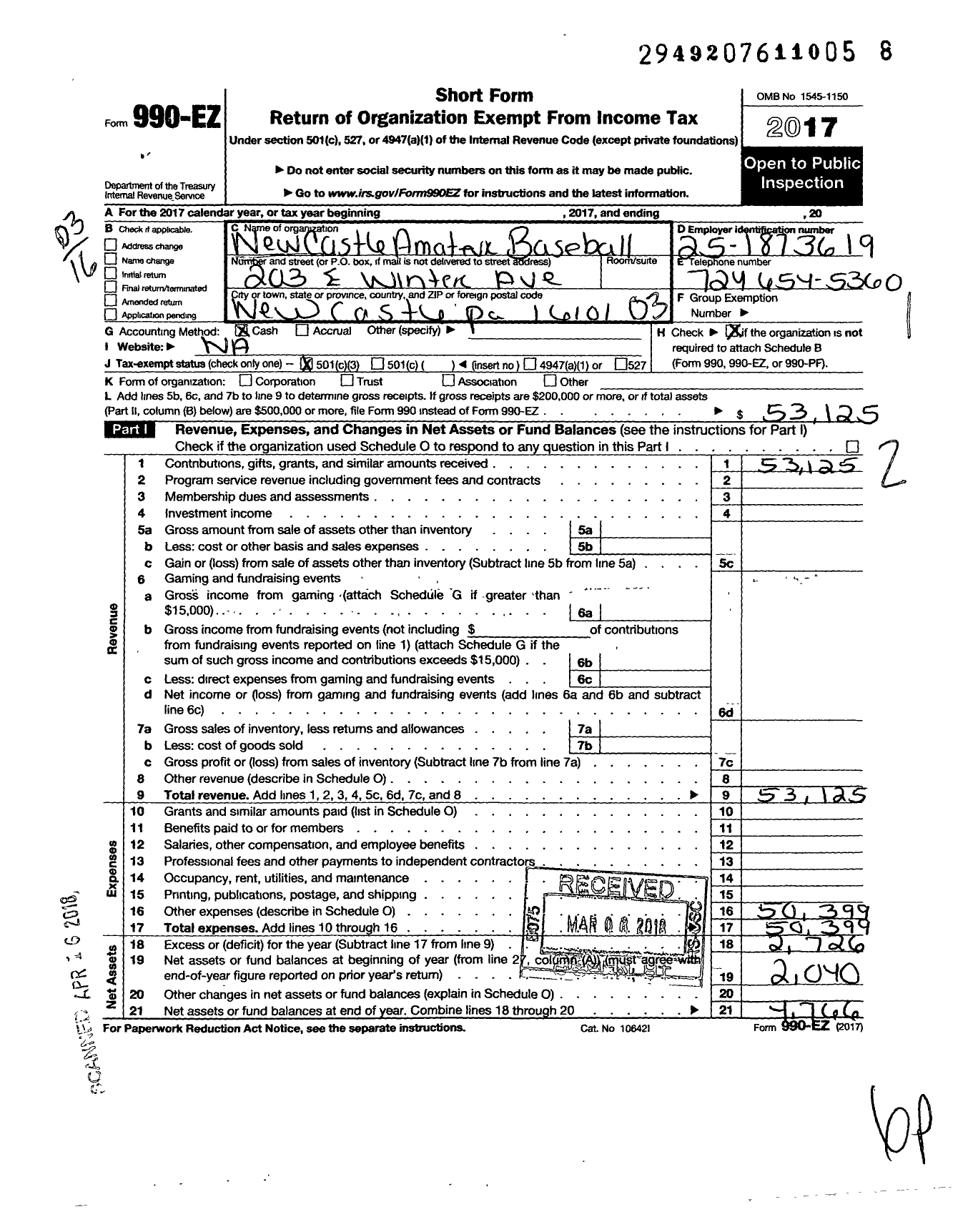 Image of first page of 2017 Form 990EZ for New Castle Amatuer Baseball Association