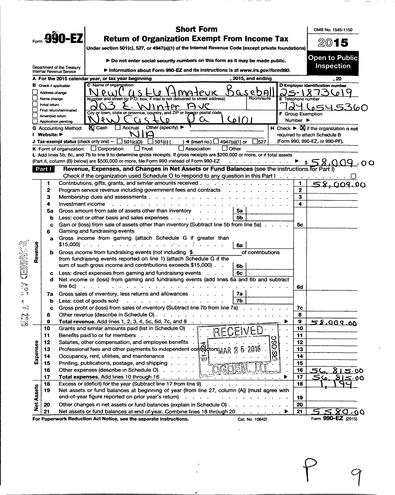 Image of first page of 2015 Form 990EO for New Castle Amatuer Baseball Association