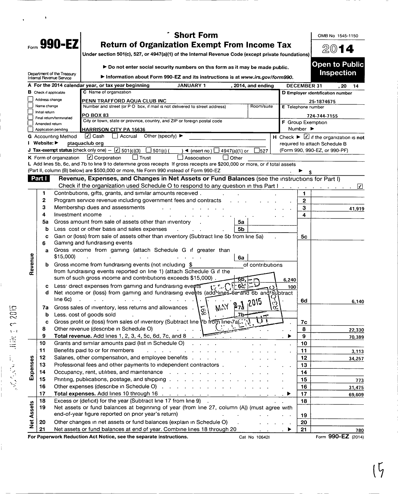 Image of first page of 2014 Form 990EZ for Penn Trafford Aqua Club