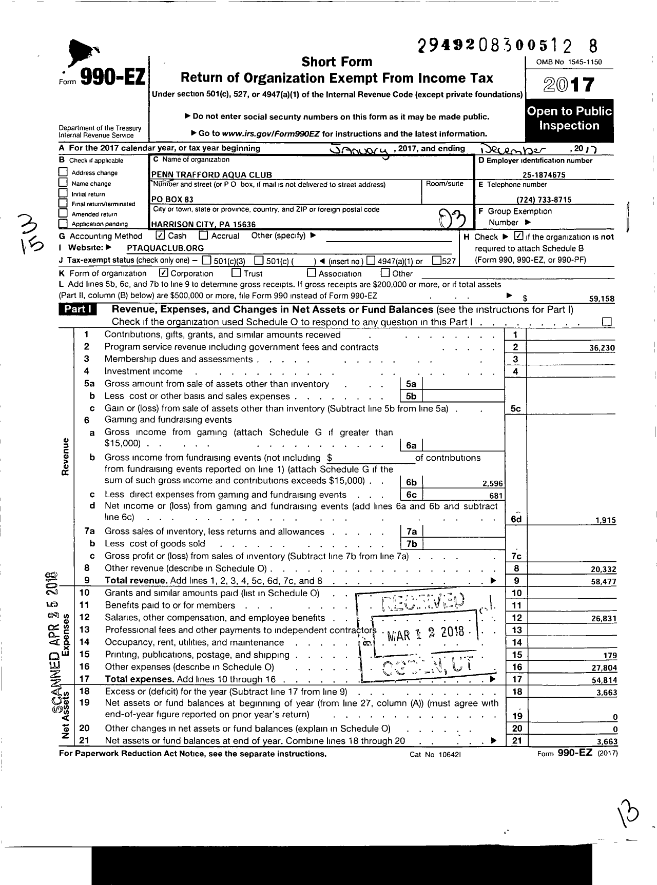 Image of first page of 2017 Form 990EZ for Penn Trafford Aqua Club