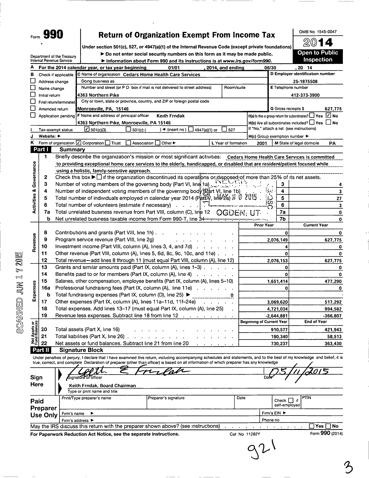 Image of first page of 2013 Form 990 for Cedars Home Health Care Services
