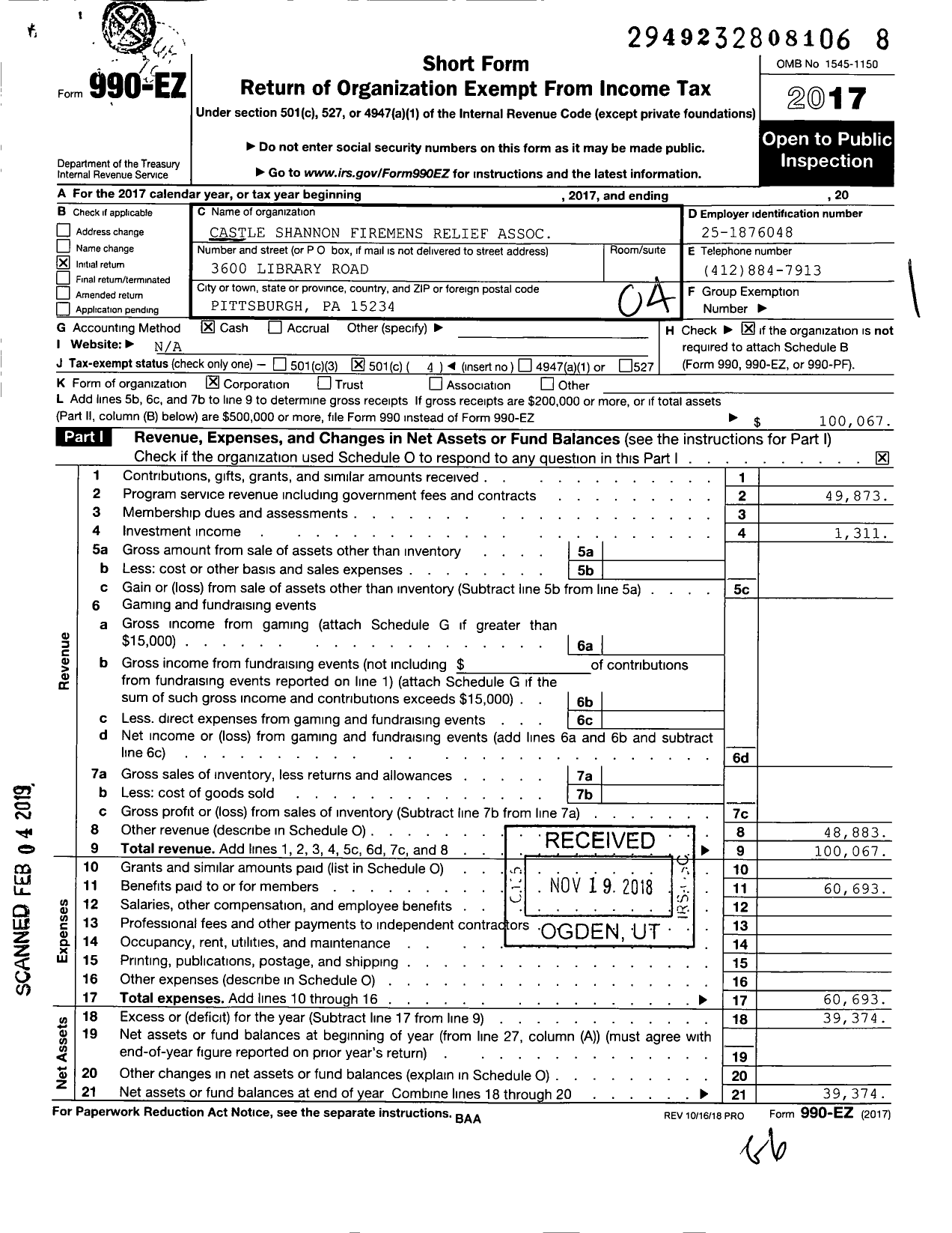 Image of first page of 2017 Form 990EO for Castle Shannon Firemens Relief Association