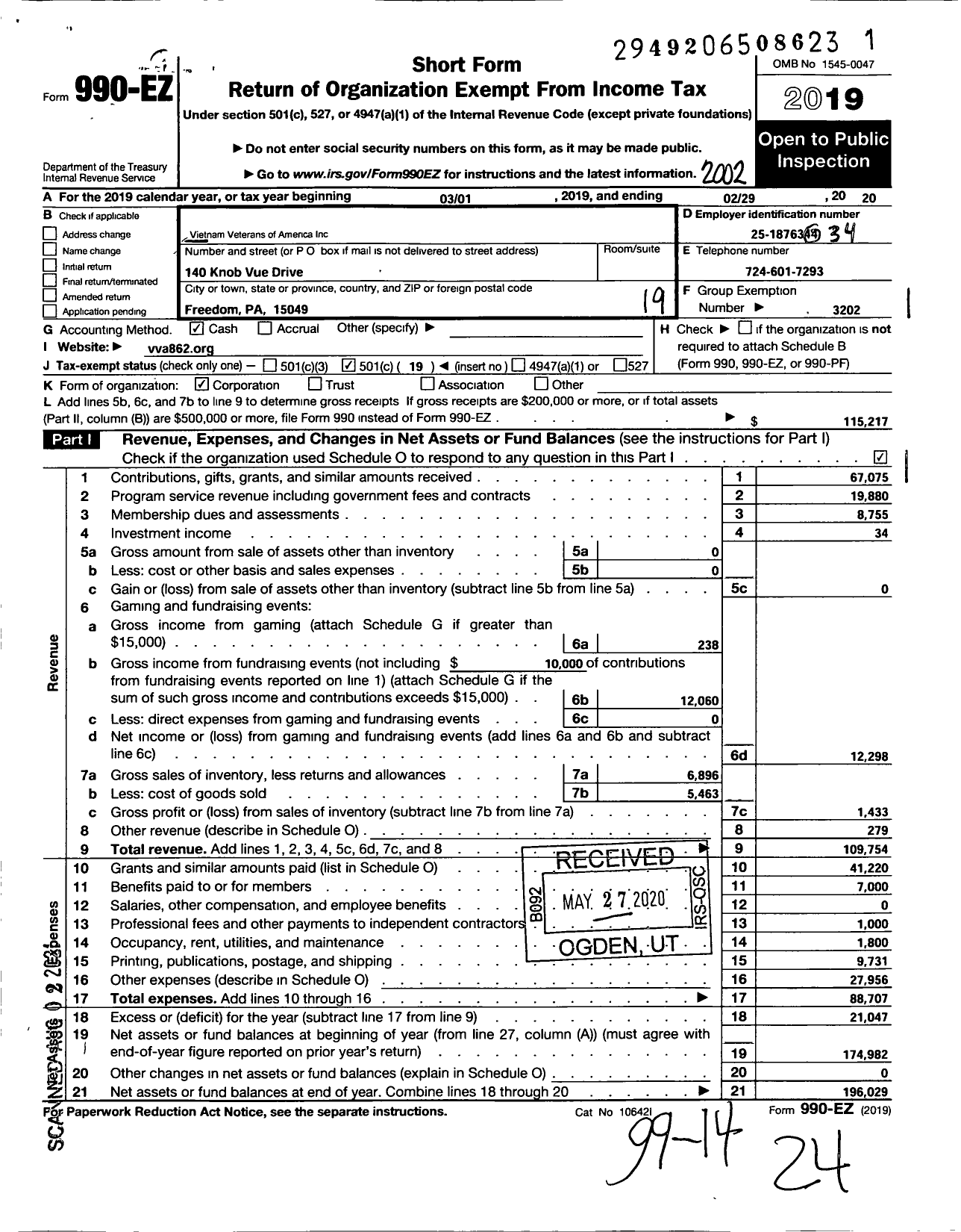 Image of first page of 2019 Form 990EO for VIETNAM VETERANS OF AMERICA - 862 Chapter