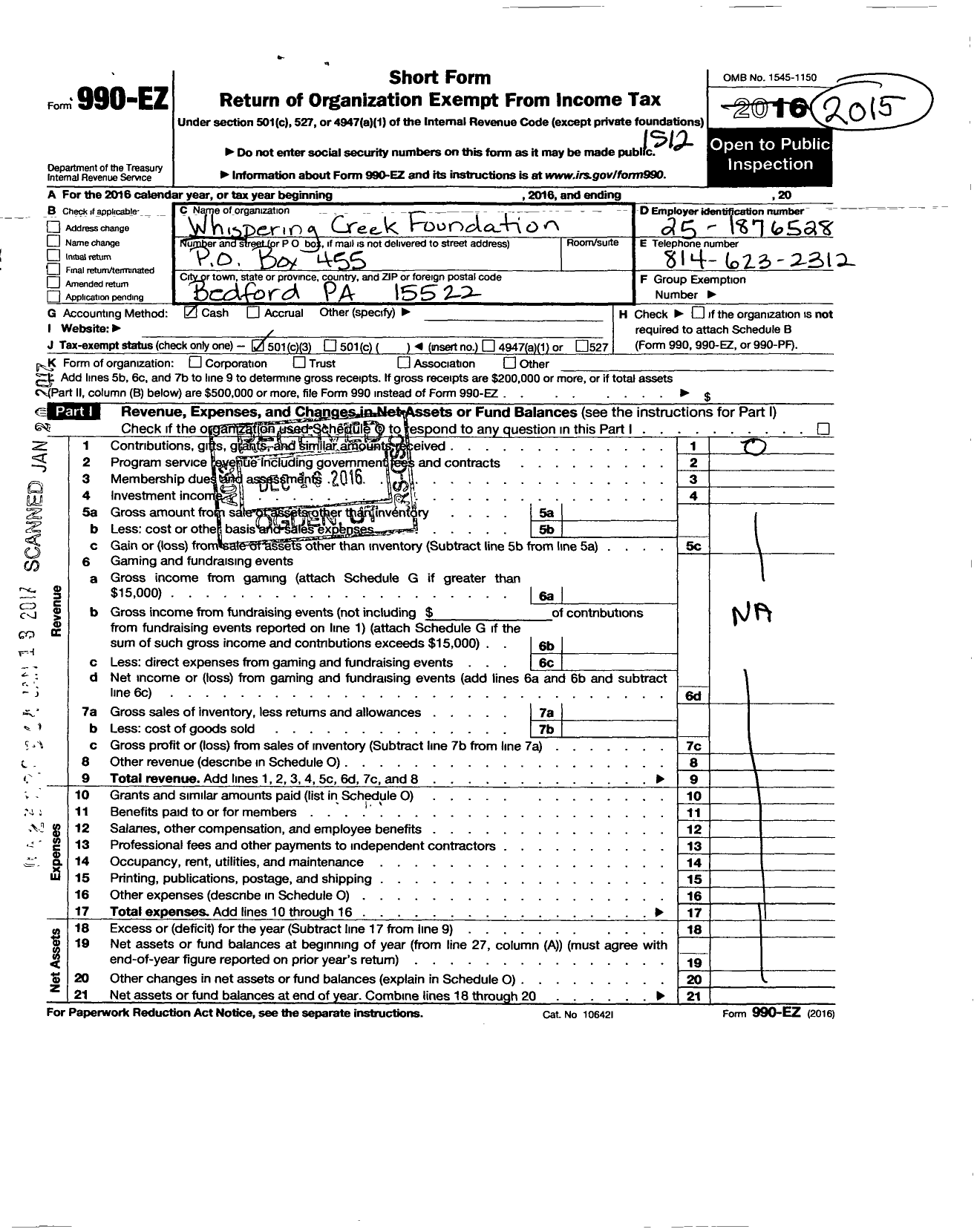 Image of first page of 2015 Form 990EZ for Whispering Creek Foundation