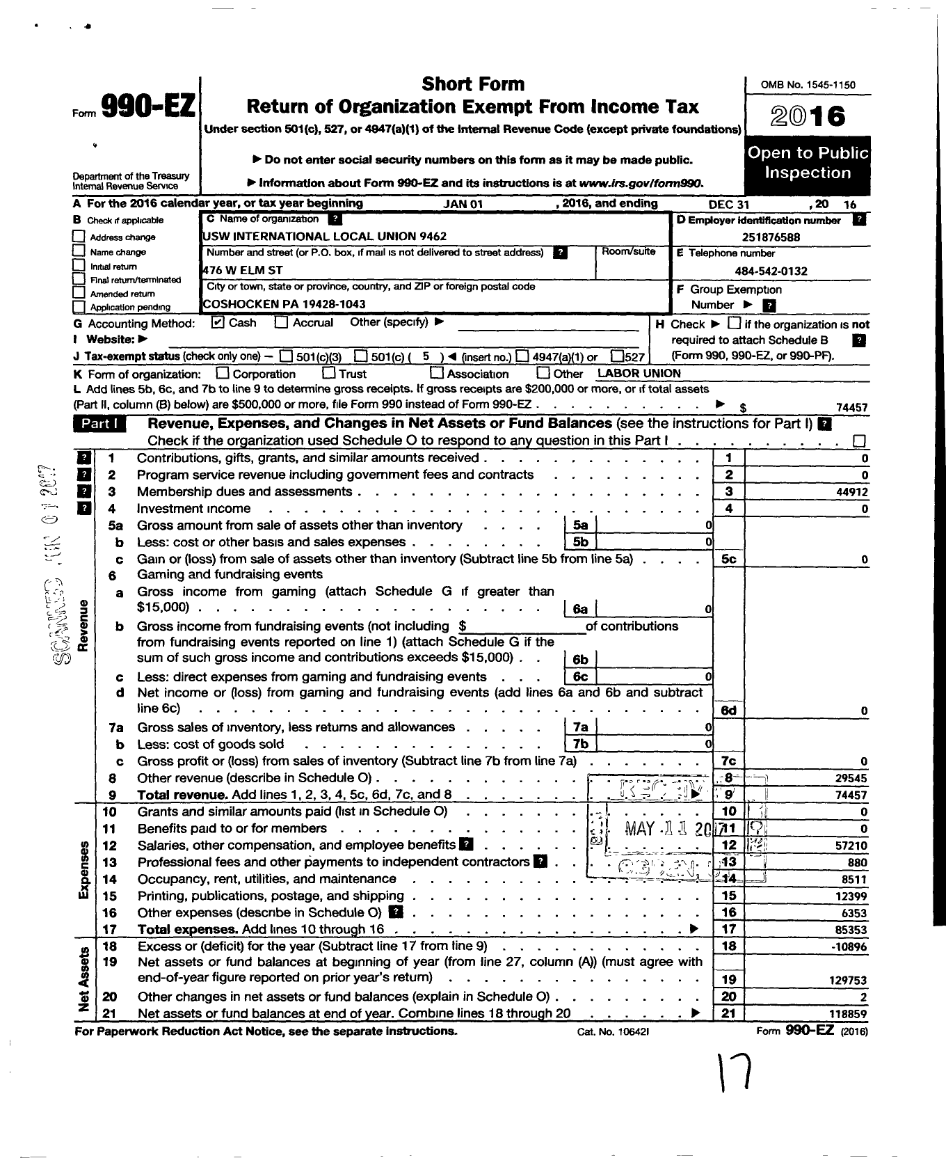 Image of first page of 2016 Form 990EO for United Steelworkers - 9462 USW Local