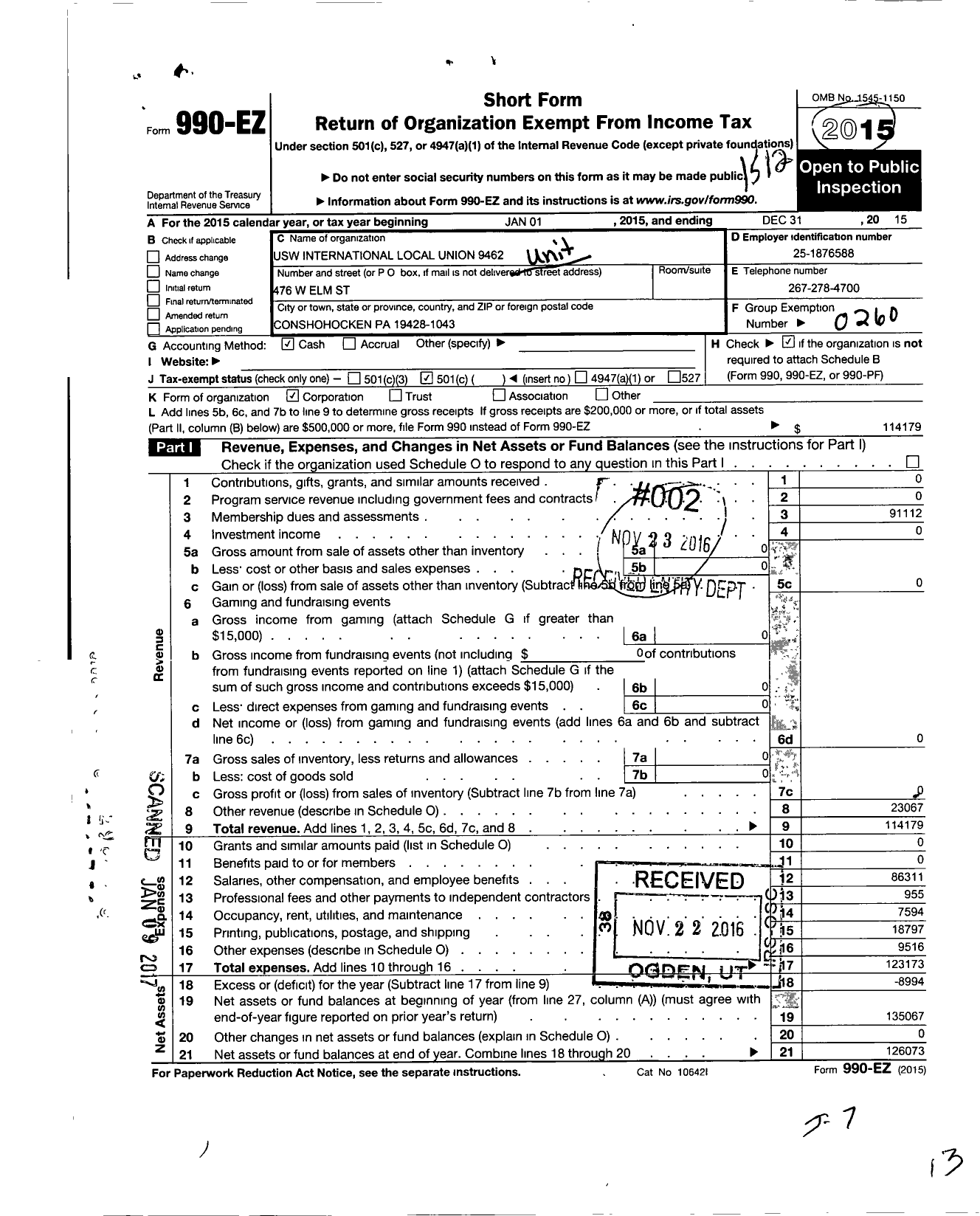 Image of first page of 2015 Form 990EO for United Steelworkers - 9462 USW Local