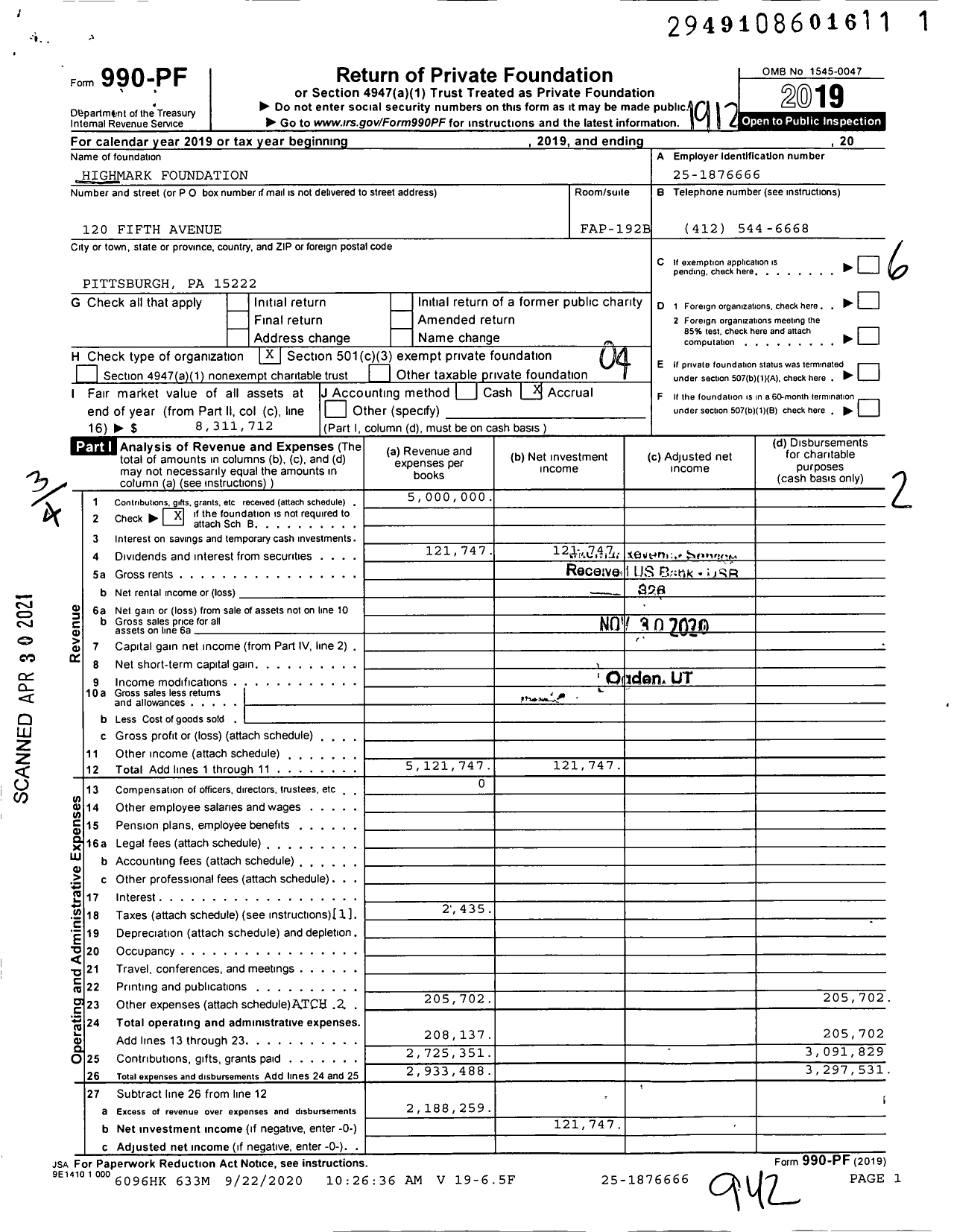 Image of first page of 2019 Form 990PF for Highmark Foundation