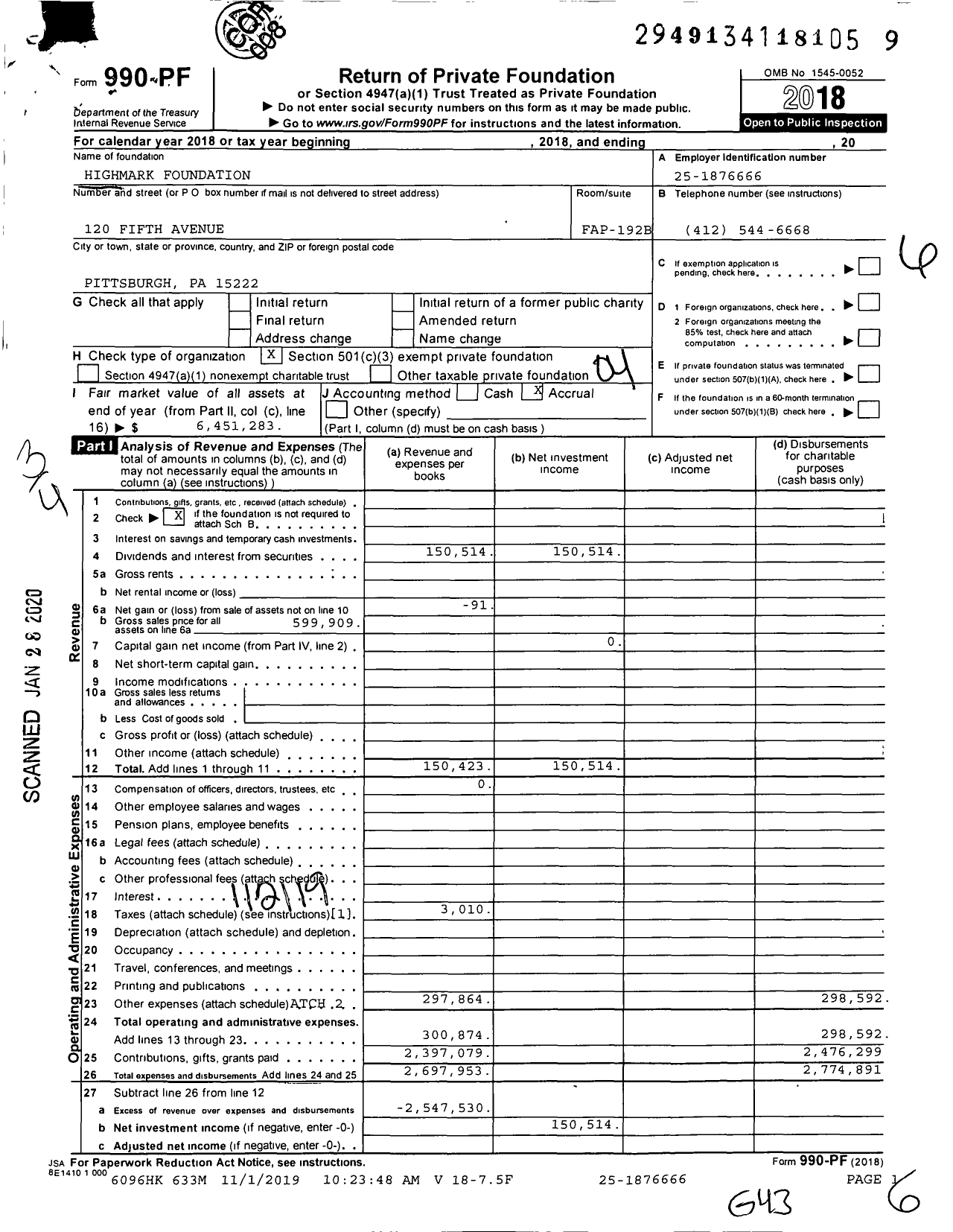 Image of first page of 2018 Form 990PF for Highmark Foundation