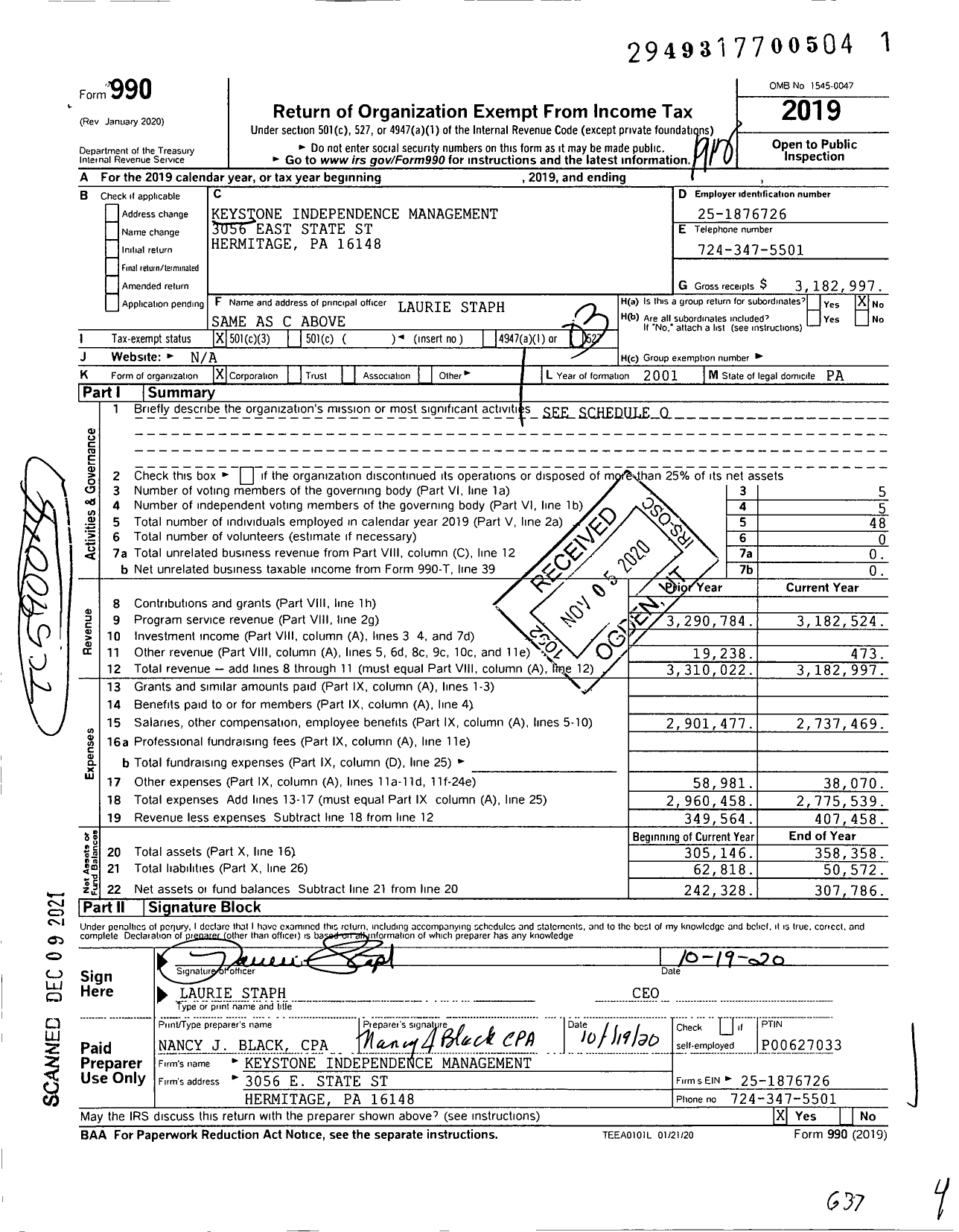 Image of first page of 2019 Form 990 for Keystone Independence Management