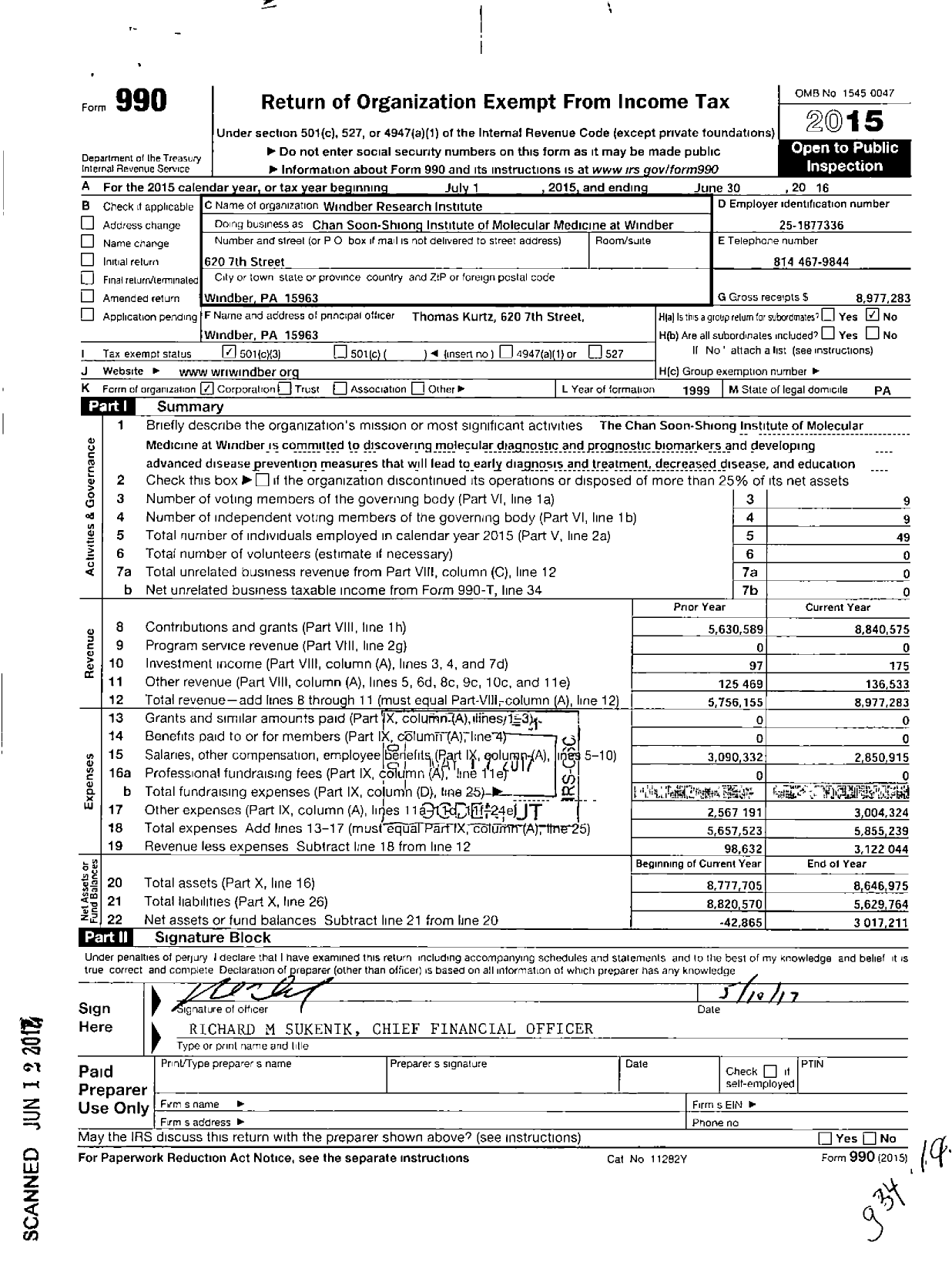 Image of first page of 2015 Form 990 for Windber Research Institute