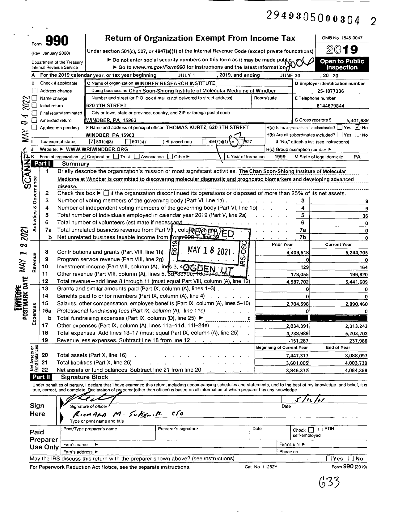 Image of first page of 2019 Form 990 for Windber Research Institute