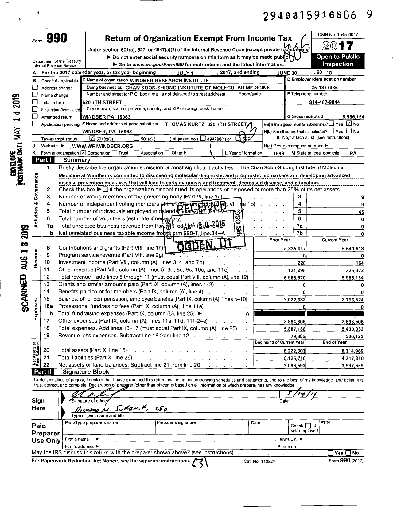 Image of first page of 2017 Form 990 for Windber Research Institute