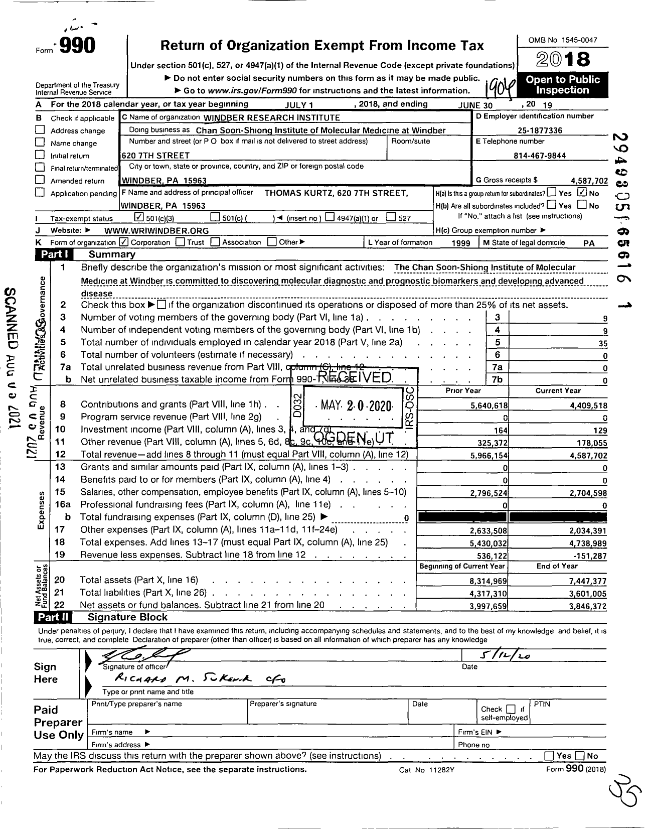 Image of first page of 2018 Form 990 for Windber Research Institute
