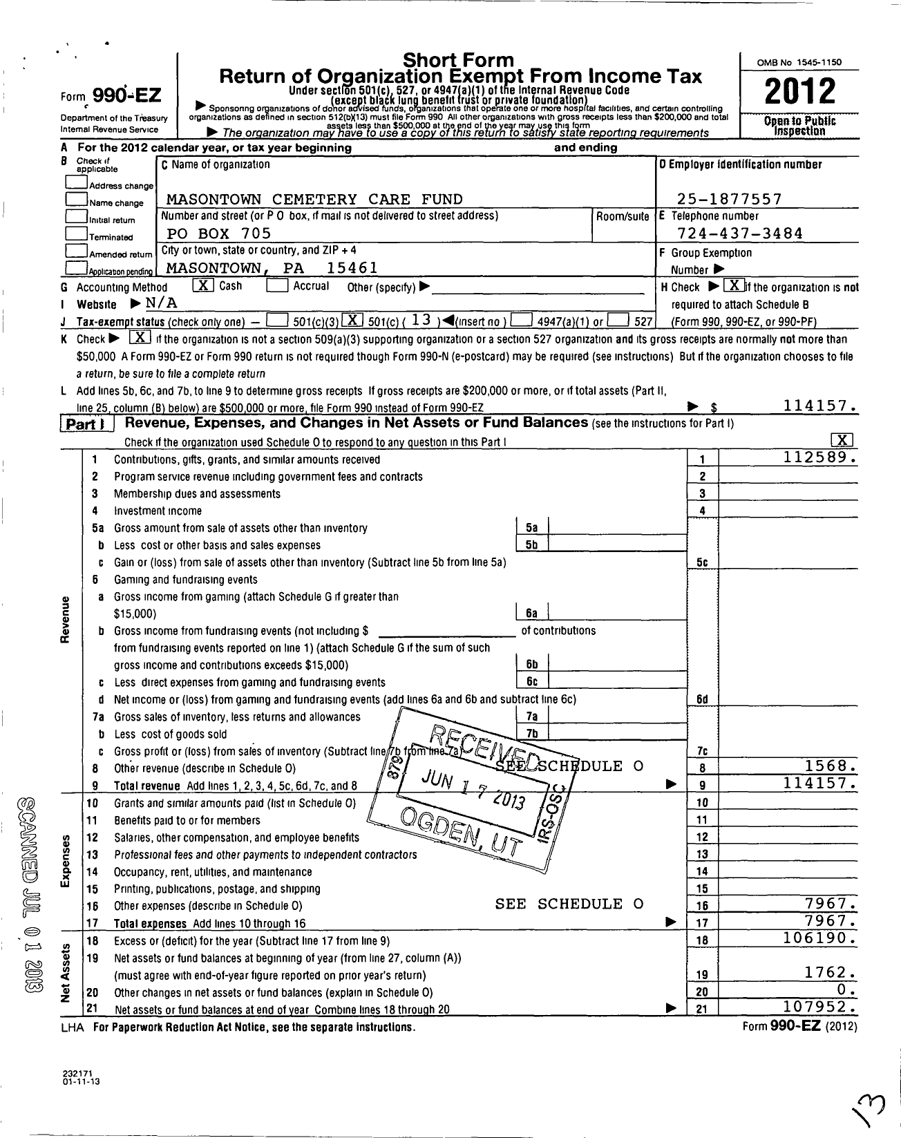 Image of first page of 2012 Form 990EO for Friends of Masontown Cemetery