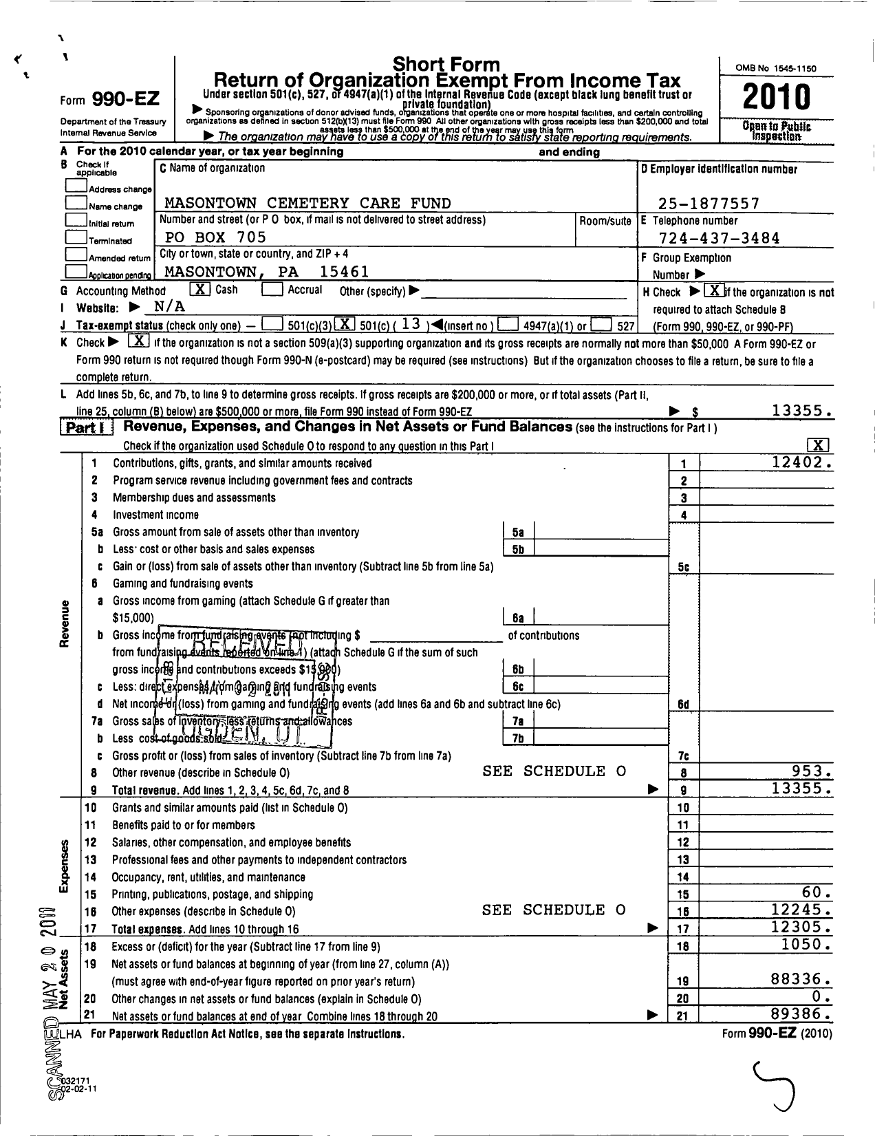 Image of first page of 2010 Form 990EO for Friends of Masontown Cemetery