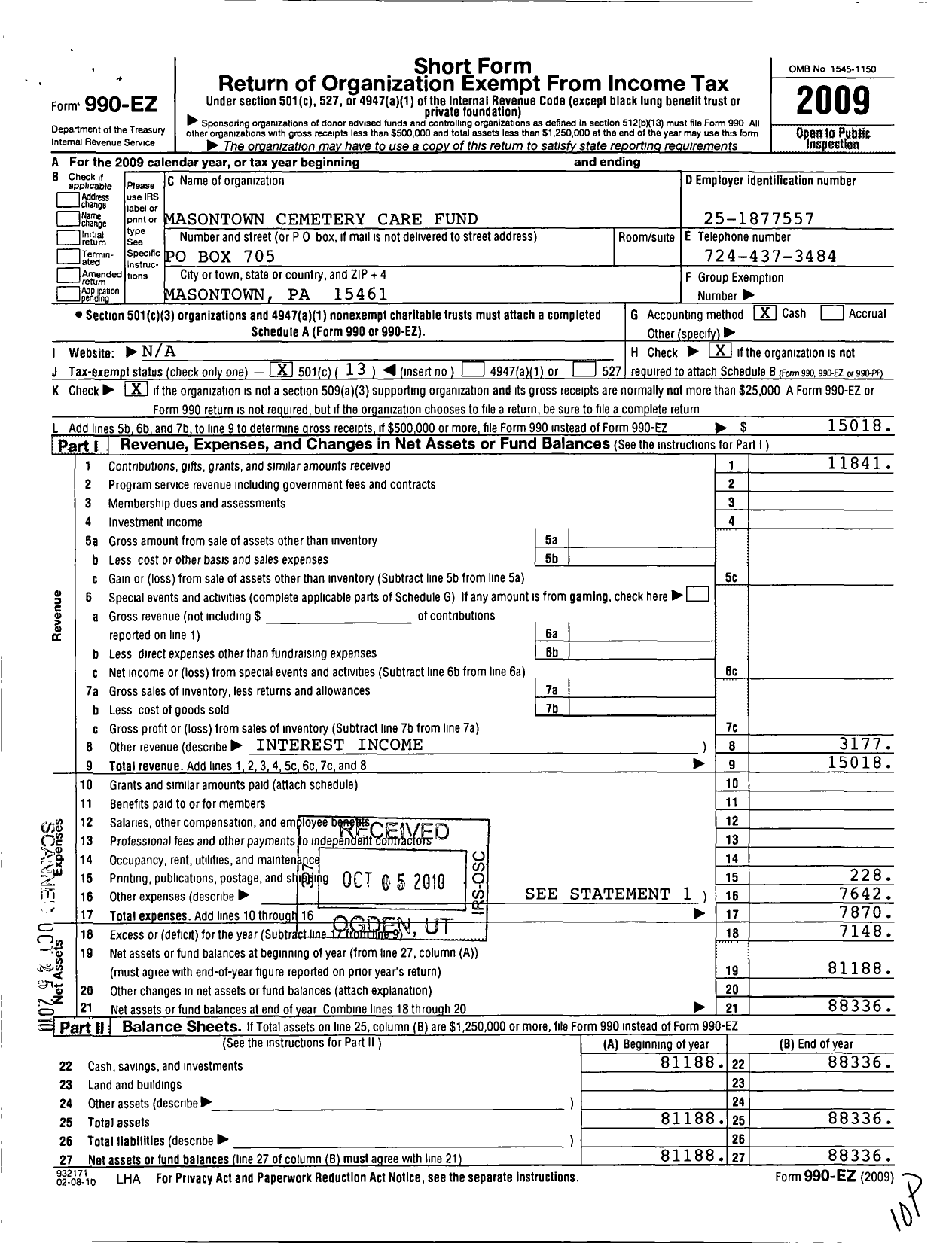 Image of first page of 2009 Form 990EO for Friends of Masontown Cemetery