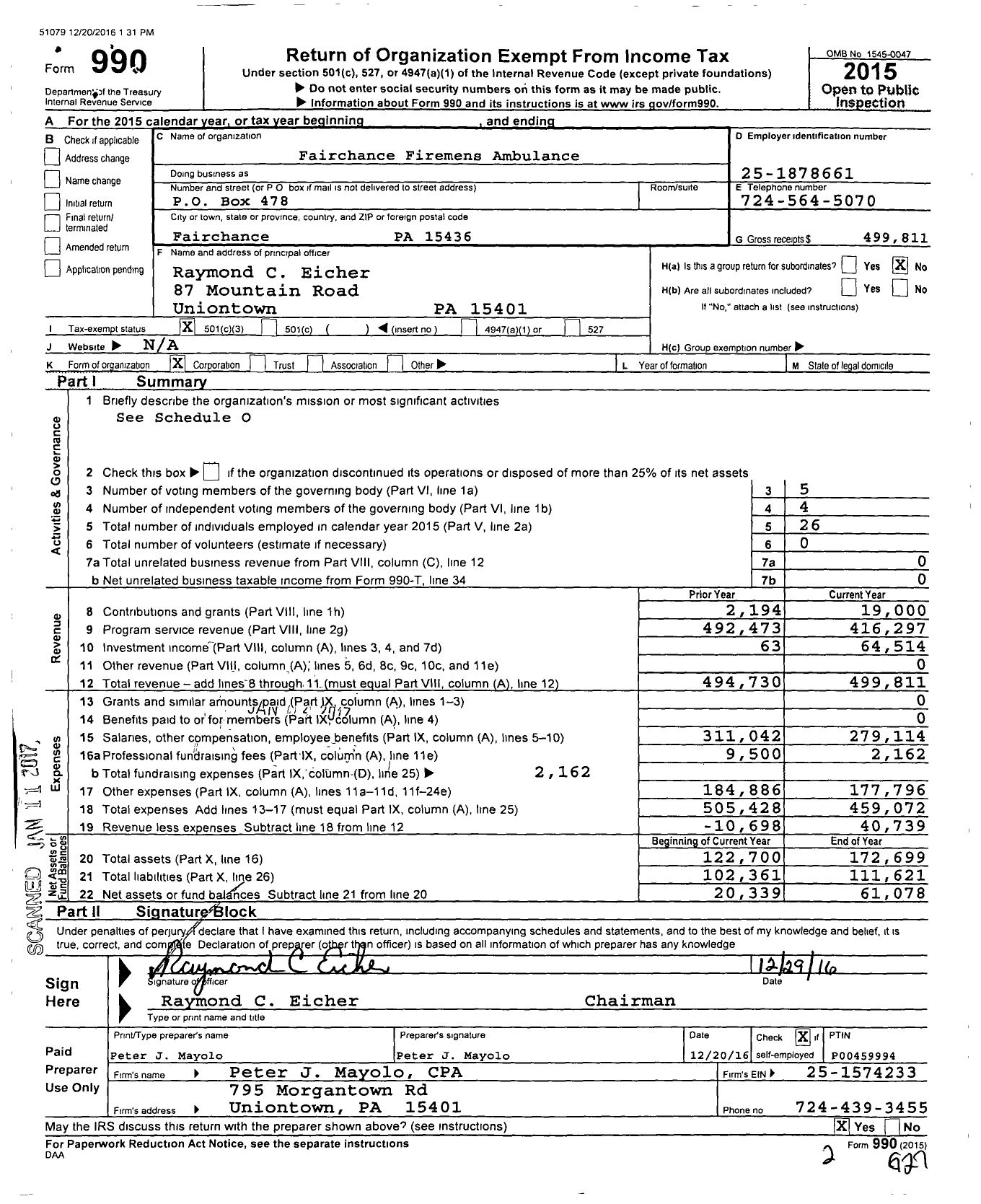 Image of first page of 2015 Form 990 for Fairchance Firemens Ambulance