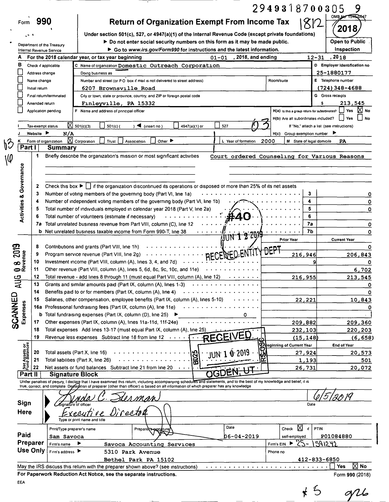 Image of first page of 2018 Form 990 for Domestic Outreach Corporation