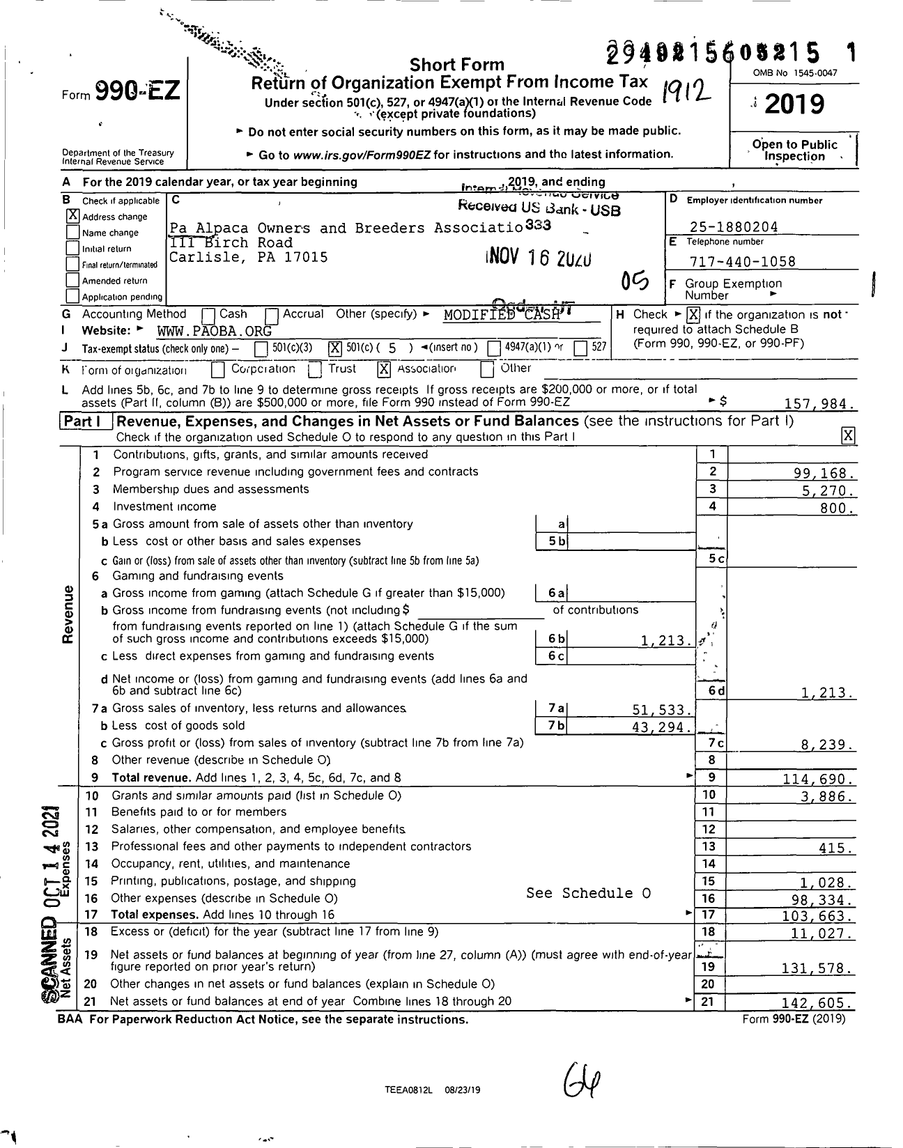 Image of first page of 2019 Form 990EO for Pennsylvania Alpaca Owners and Breeders Association