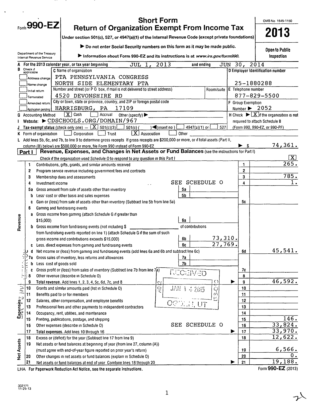 Image of first page of 2013 Form 990EZ for PTA Pennsylvania Congress / North Side Elementary PTA