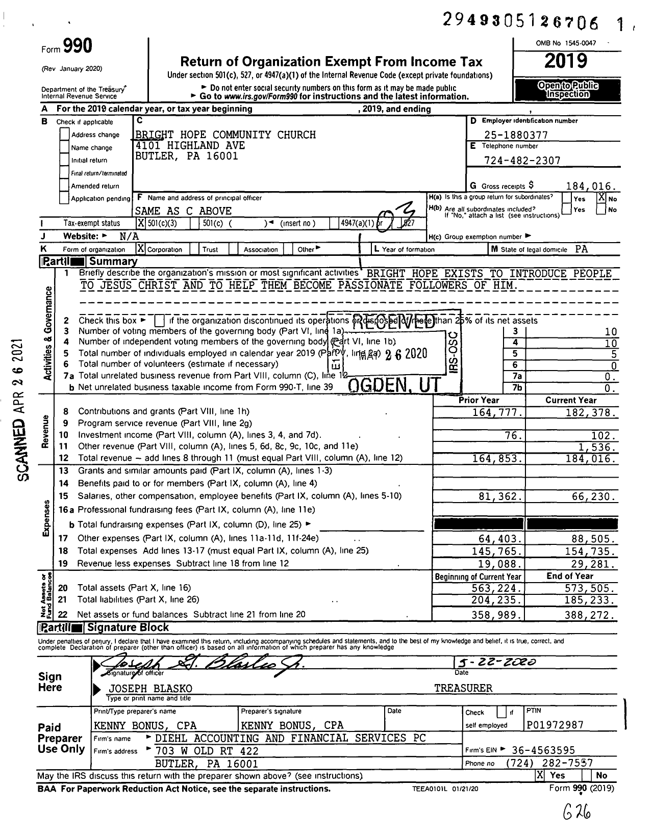 Image of first page of 2019 Form 990 for Bright Hope Community Church