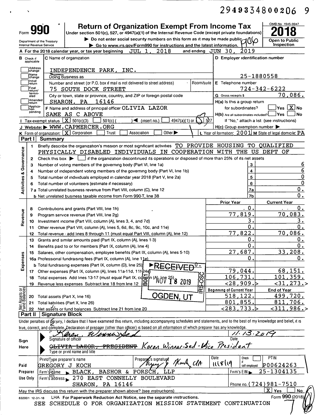 Image of first page of 2018 Form 990 for Independence Park