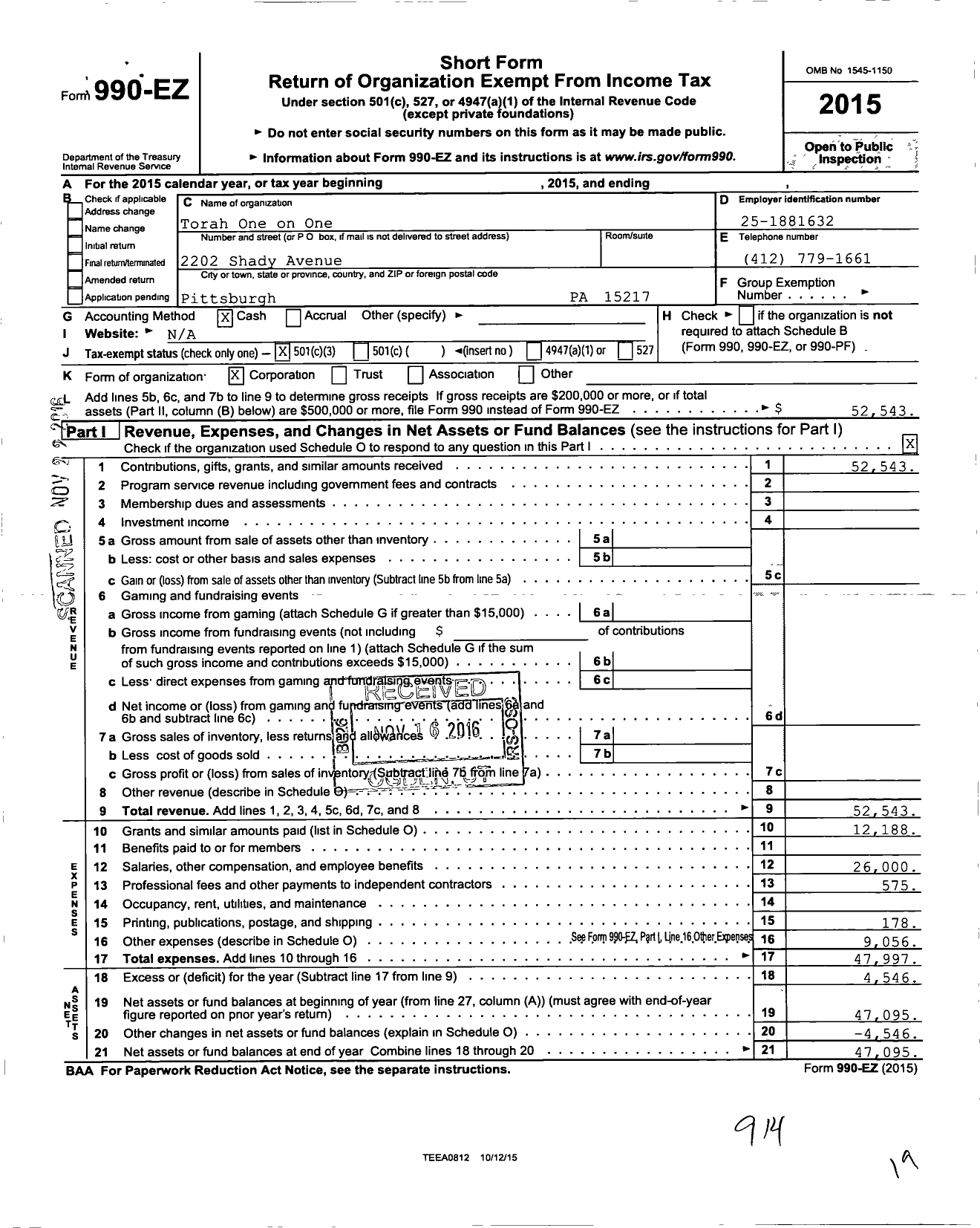 Image of first page of 2015 Form 990EZ for Torah One One