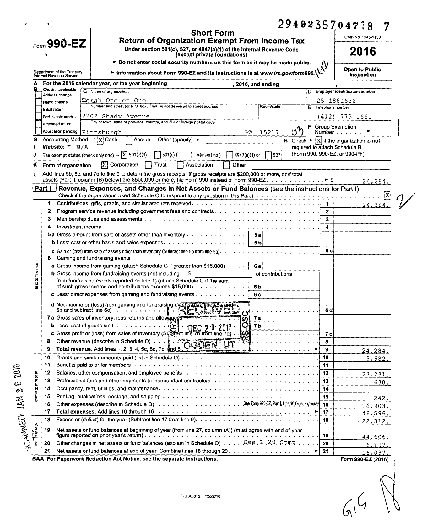 Image of first page of 2016 Form 990EZ for Torah One One