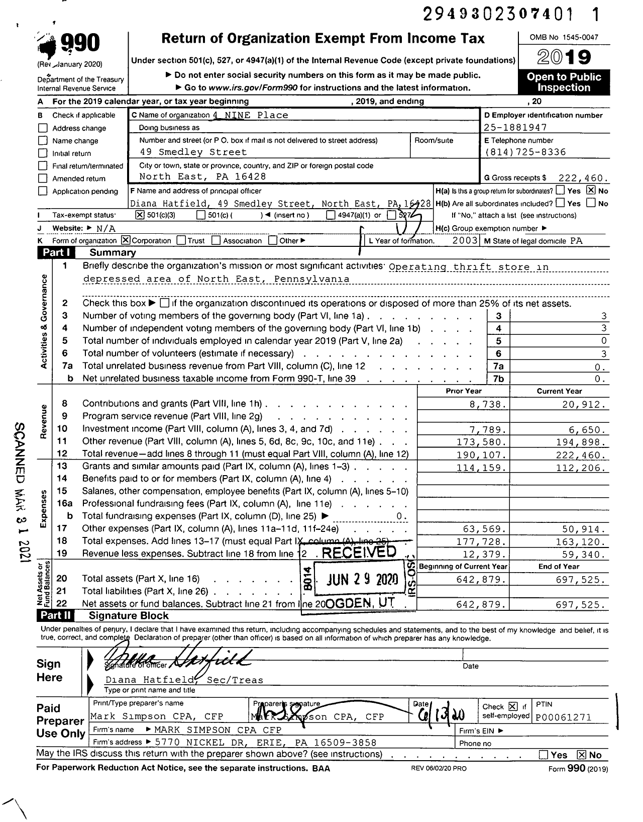 Image of first page of 2019 Form 990 for 4 NINE Place