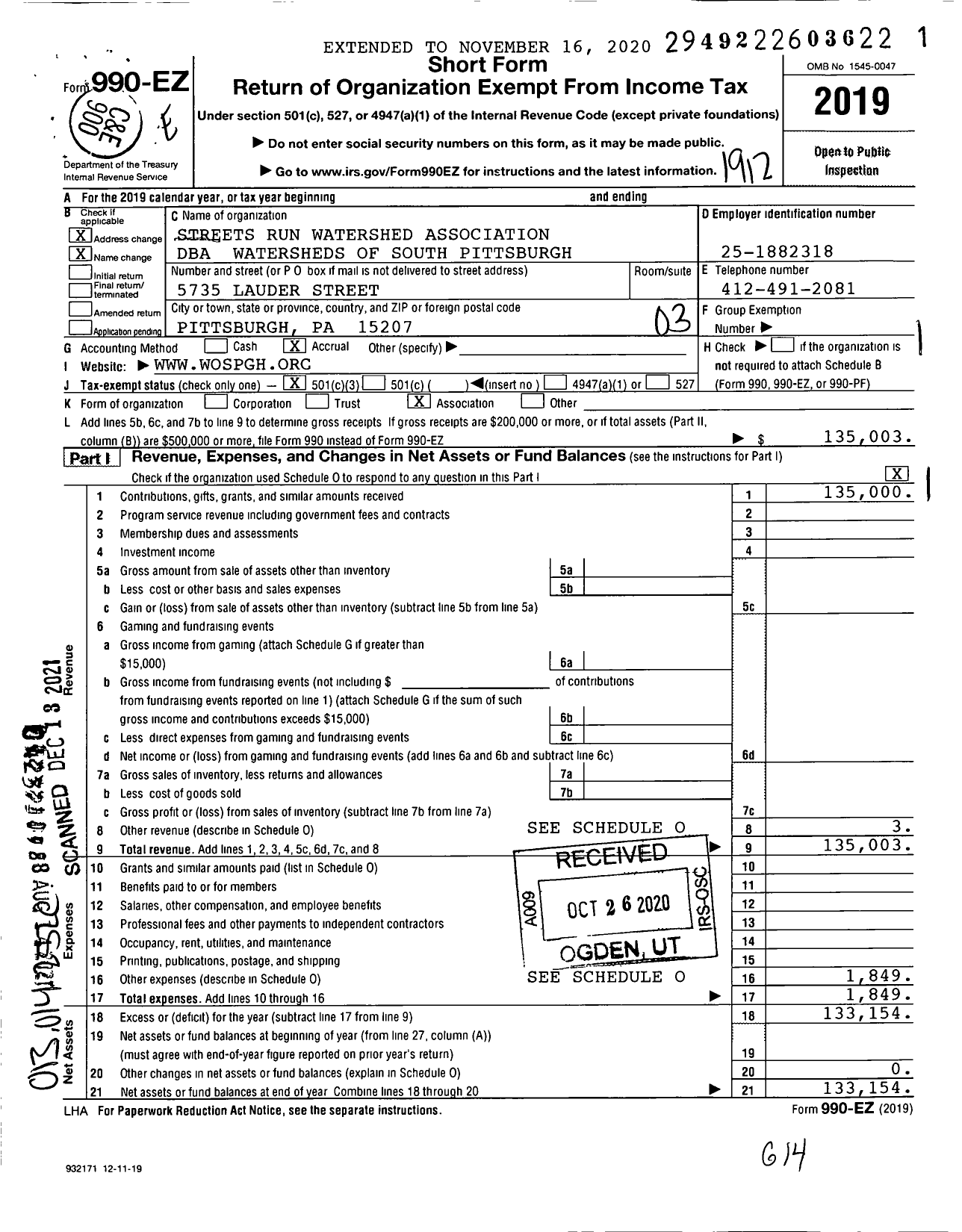 Image of first page of 2019 Form 990EZ for Watersheds of South Pittsburgh