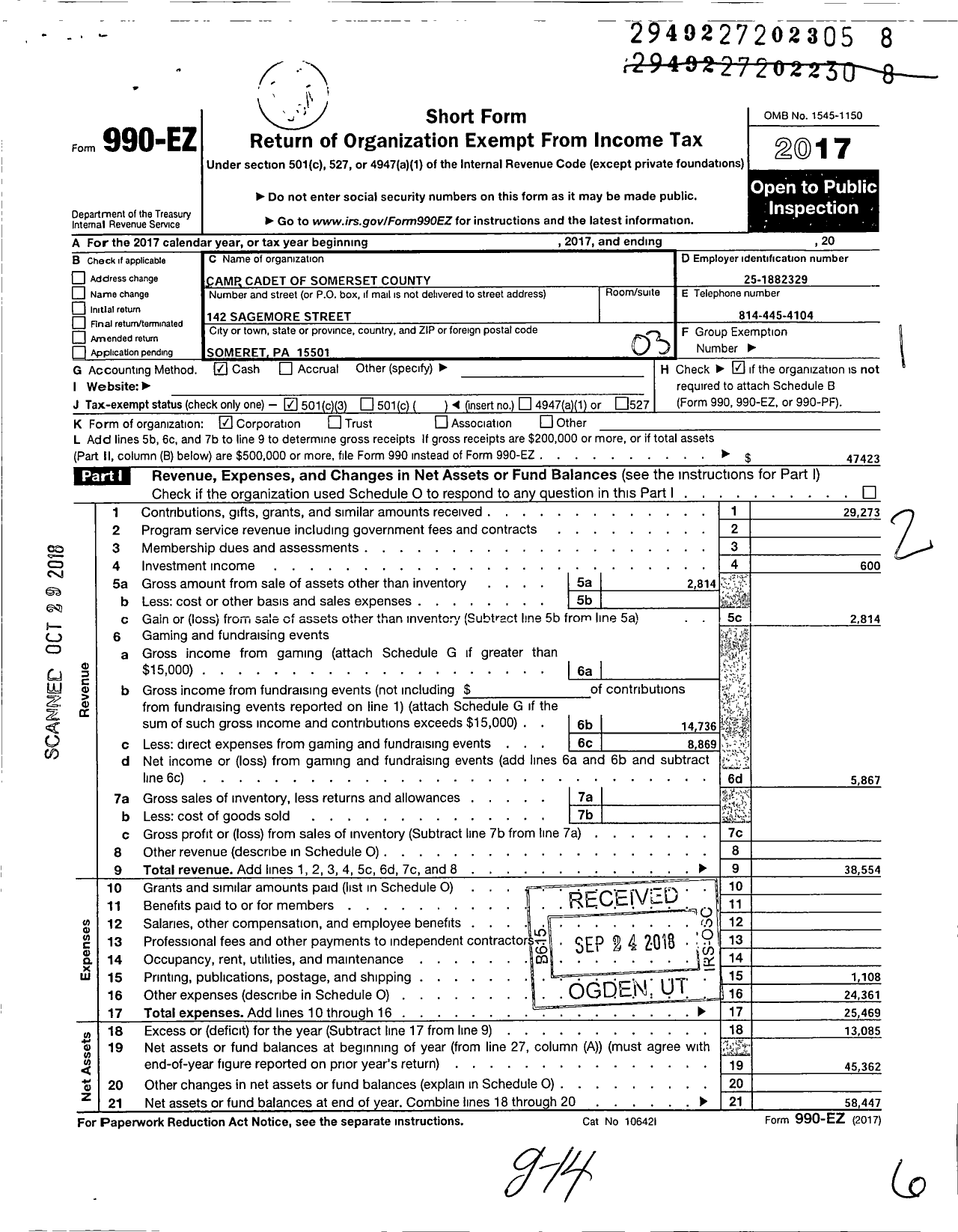 Image of first page of 2017 Form 990EZ for Camp Cadet of Somerset County