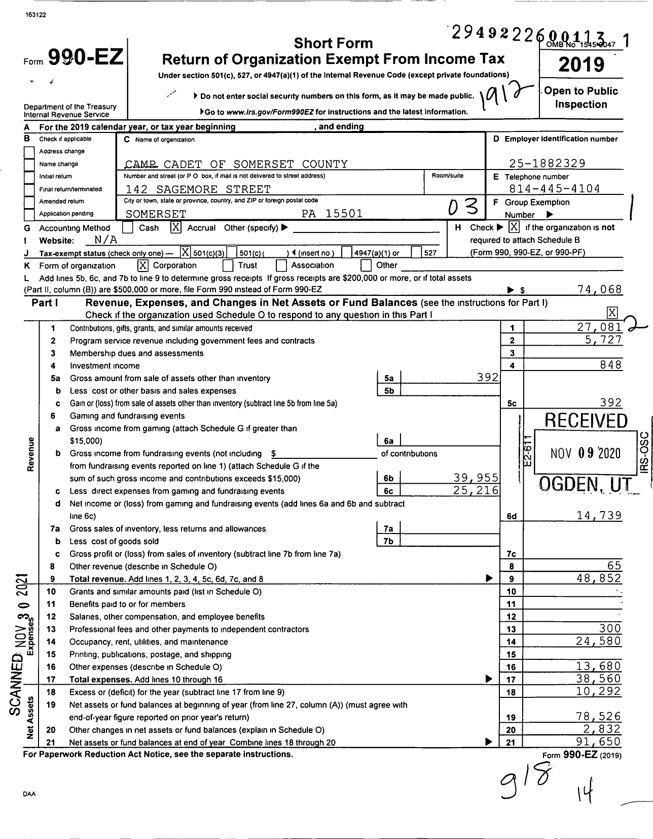 Image of first page of 2019 Form 990EZ for Camp Cadet of Somerset County