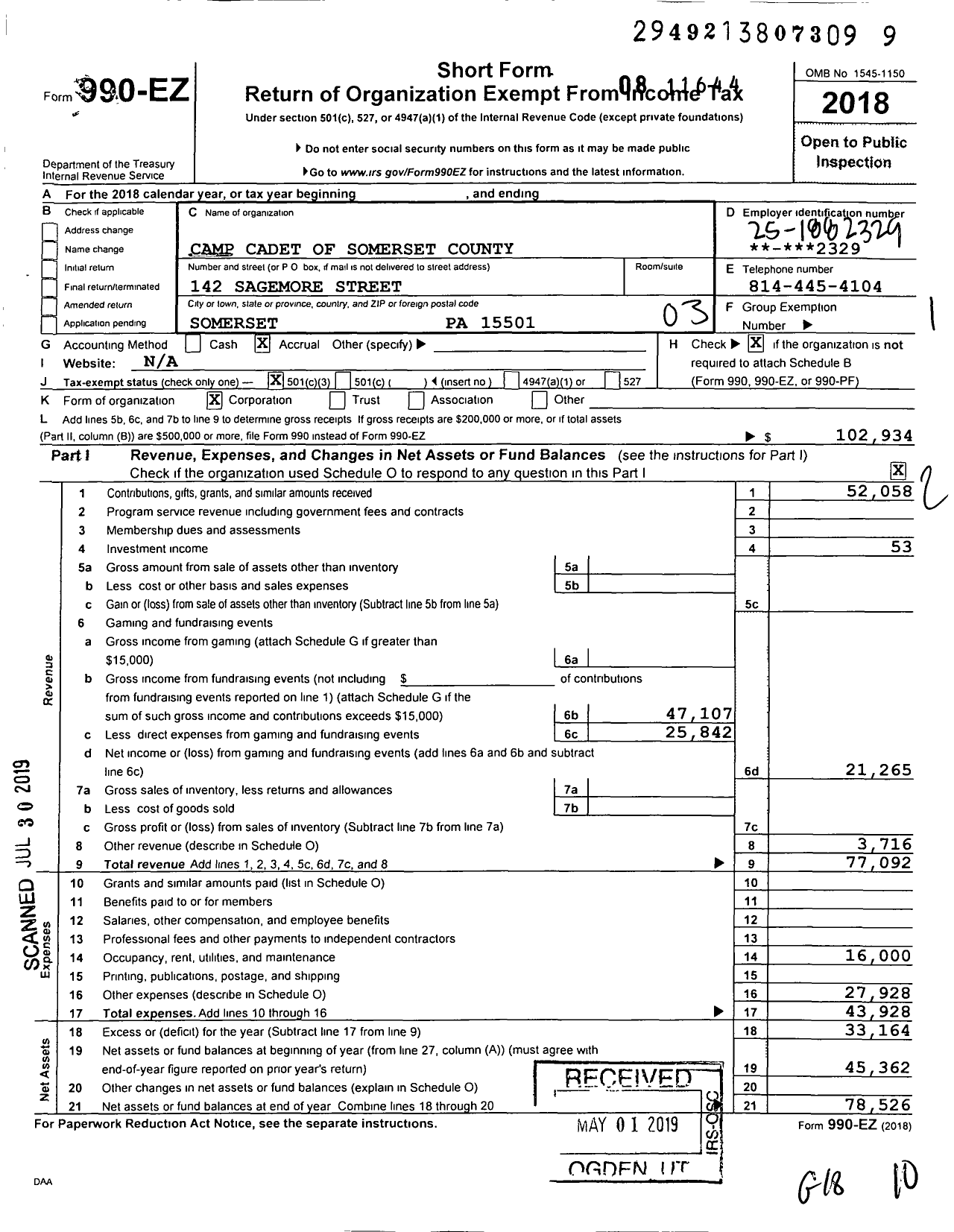 Image of first page of 2018 Form 990EZ for Camp Cadet of Somerset County