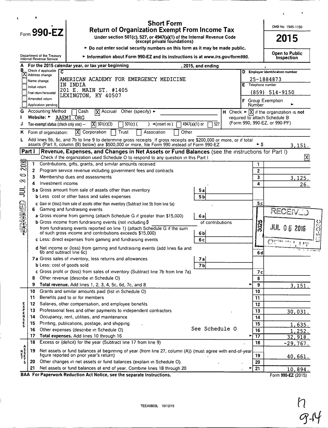 Image of first page of 2015 Form 990EZ for American Academy of Emergency Medicine in India