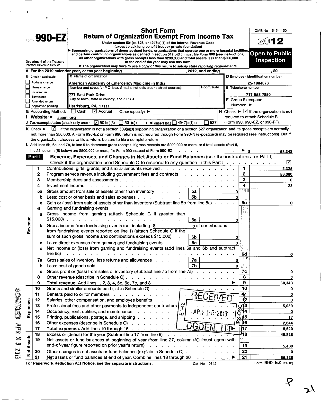 Image of first page of 2012 Form 990EZ for American Academy of Emergency Medicine in India