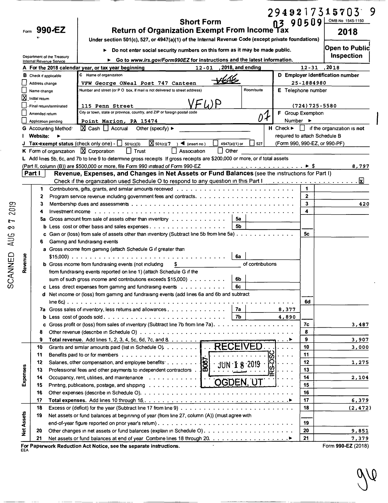 Image of first page of 2018 Form 990EO for VFW George ONeal Post 747 Canteen