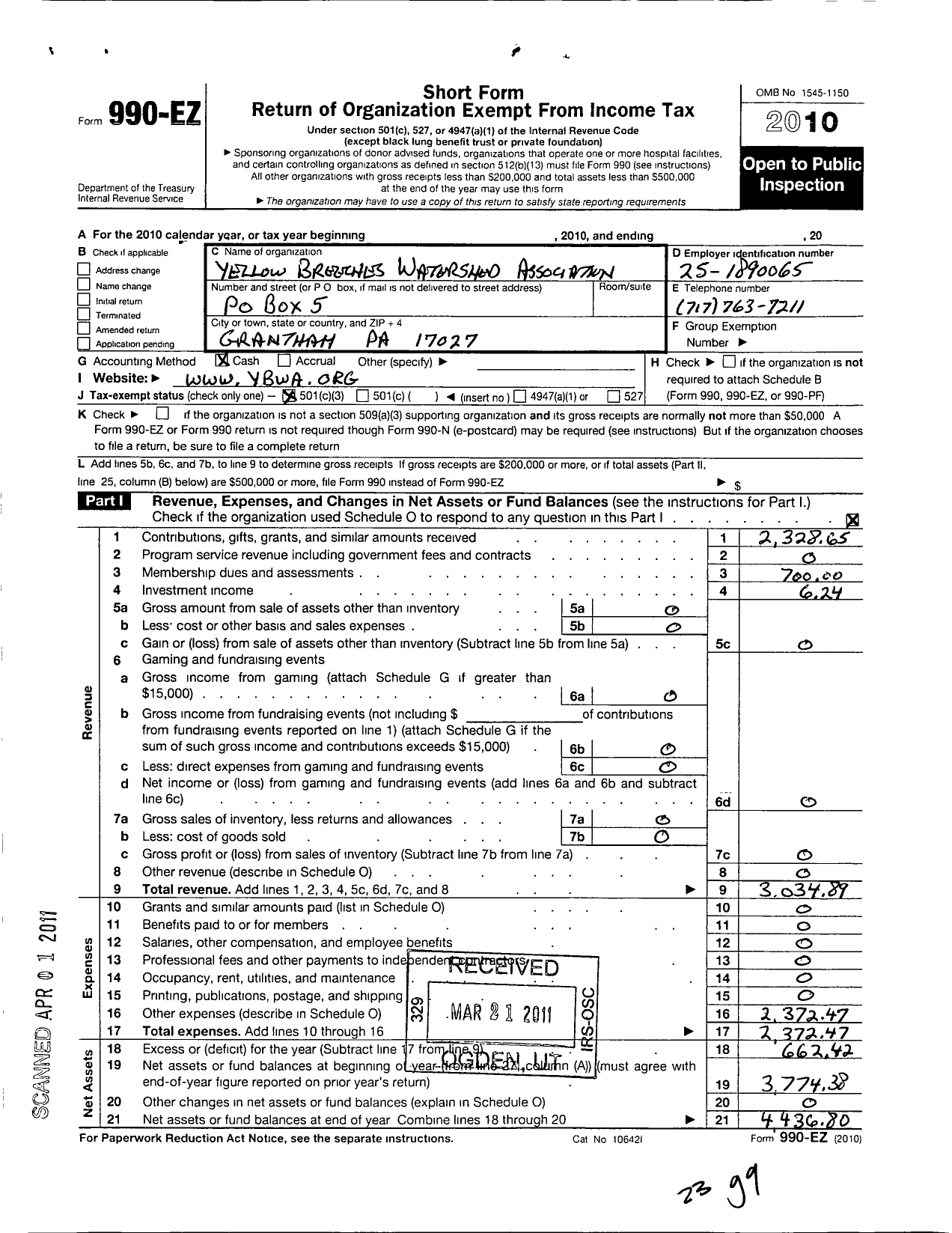 Image of first page of 2010 Form 990EZ for Yellow Breeches Watershed Association