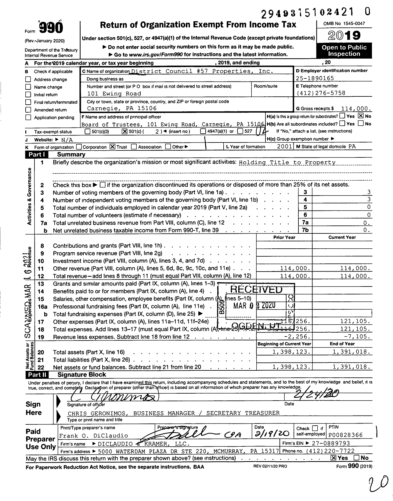 Image of first page of 2019 Form 990O for District Council #57 Properties