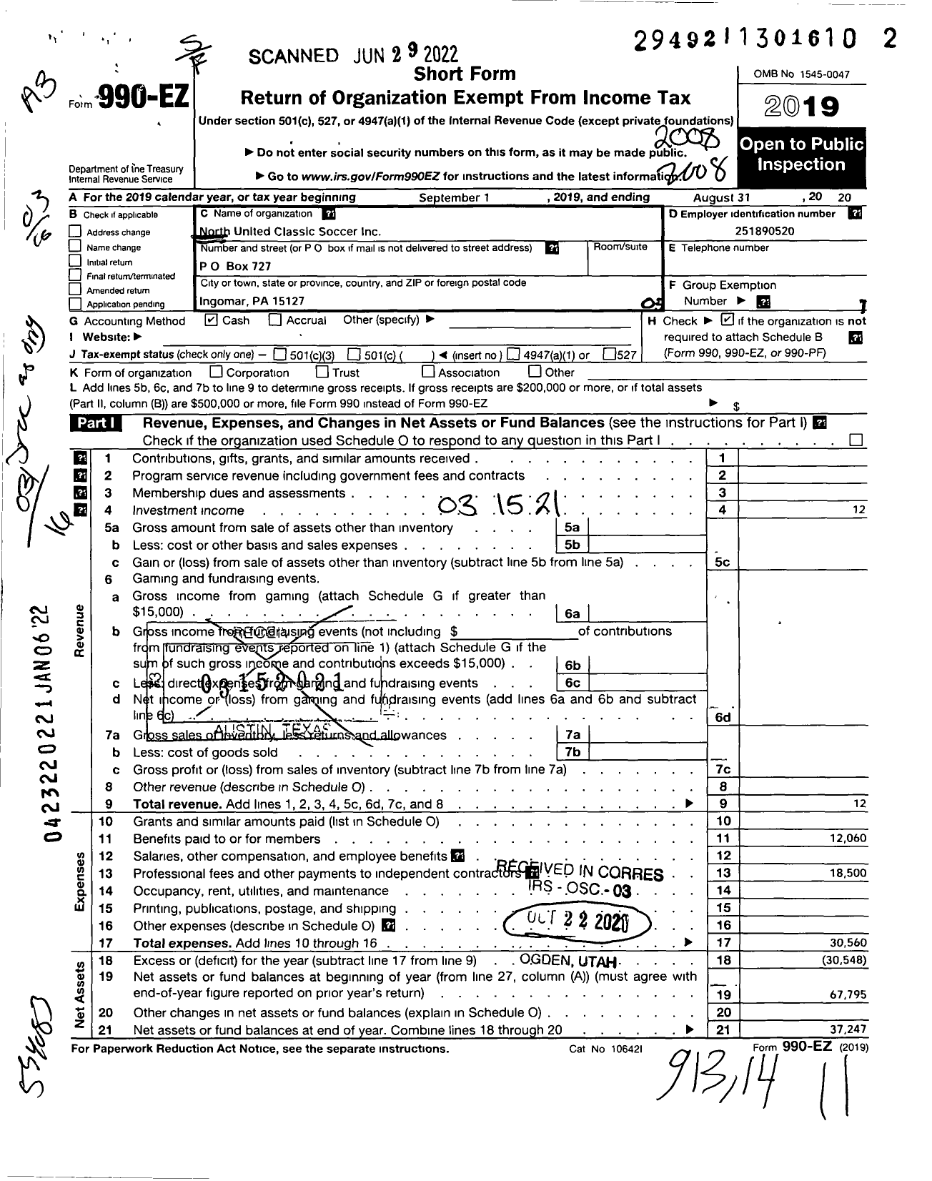 Image of first page of 2019 Form 990EZ for North United Classic Soccer Inc North United Football Club