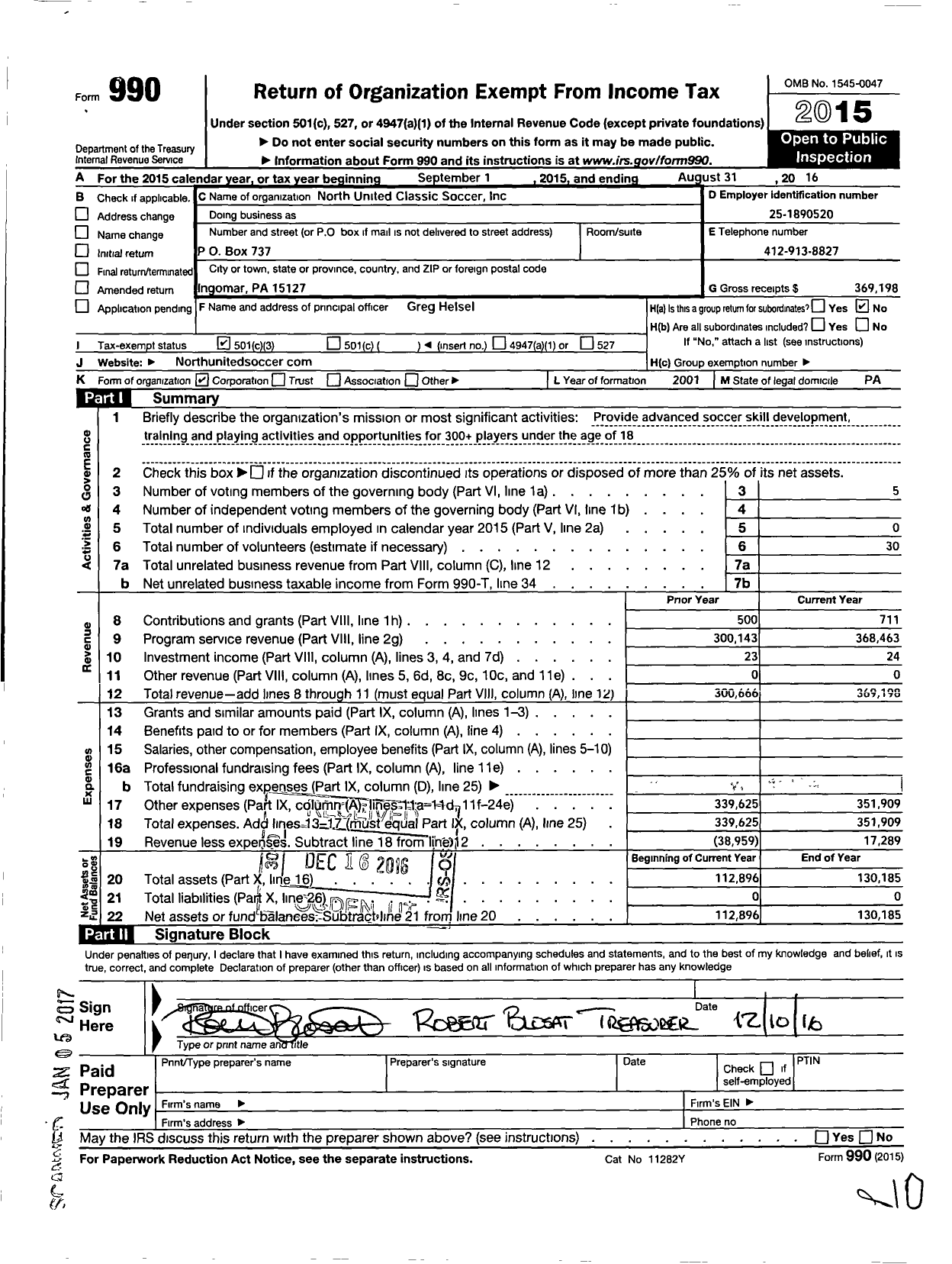 Image of first page of 2015 Form 990 for North United Classic Soccer Inc North United Football Club