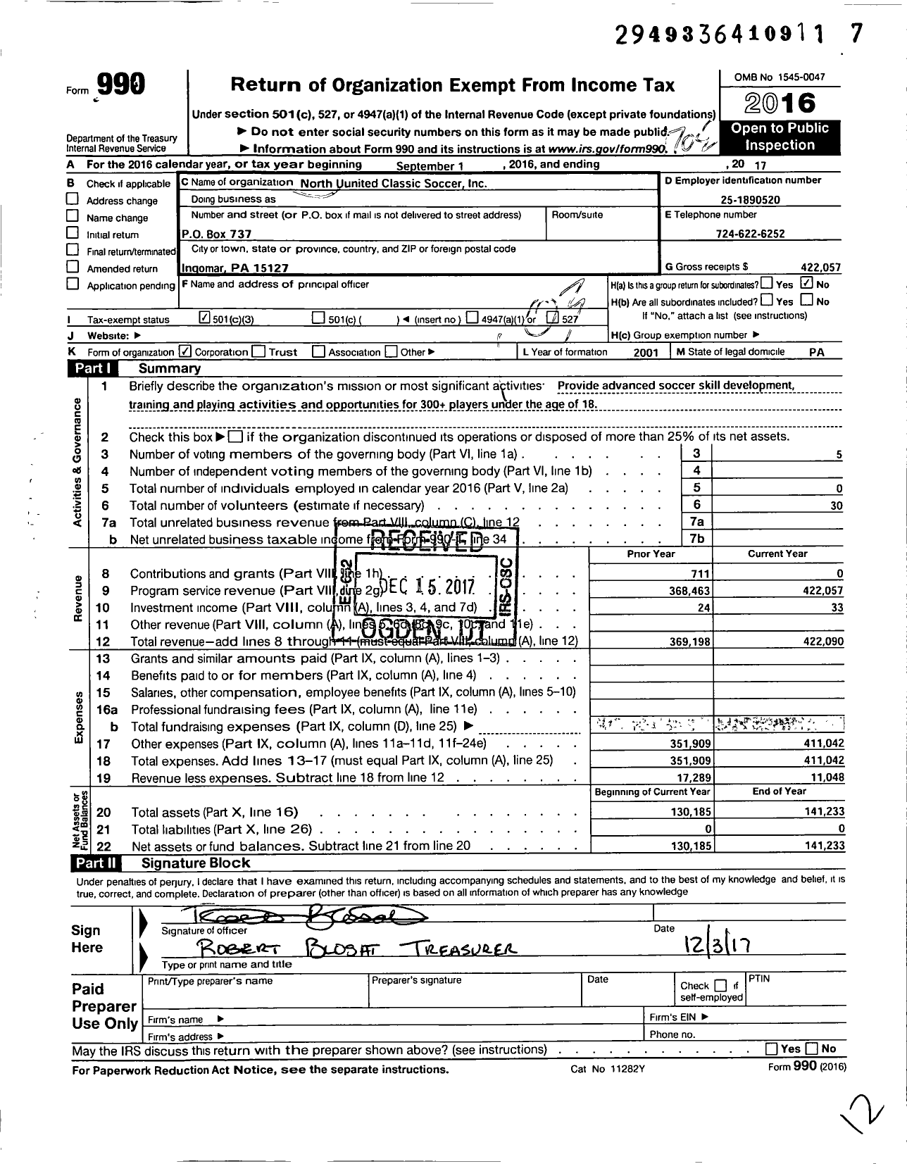 Image of first page of 2016 Form 990 for North United Classic Soccer Inc North United Football Club