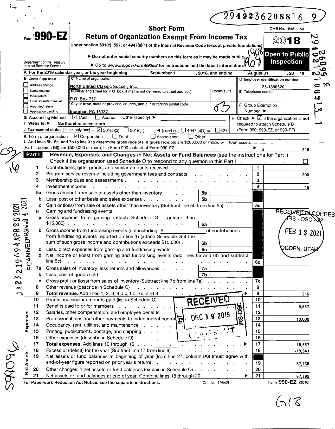 Image of first page of 2018 Form 990EZ for North United Classic Soccer Inc North United Football Club