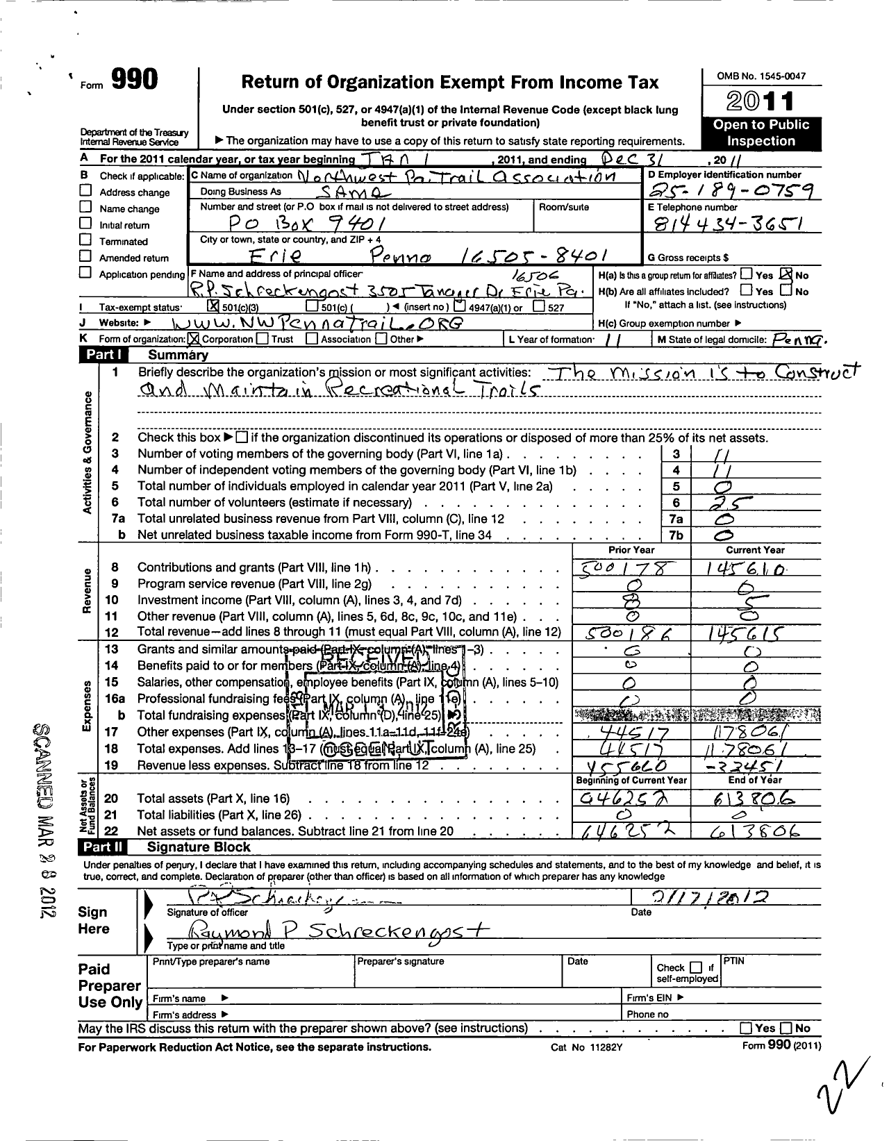 Image of first page of 2011 Form 990 for Northwest Pennsylvania Trail Association